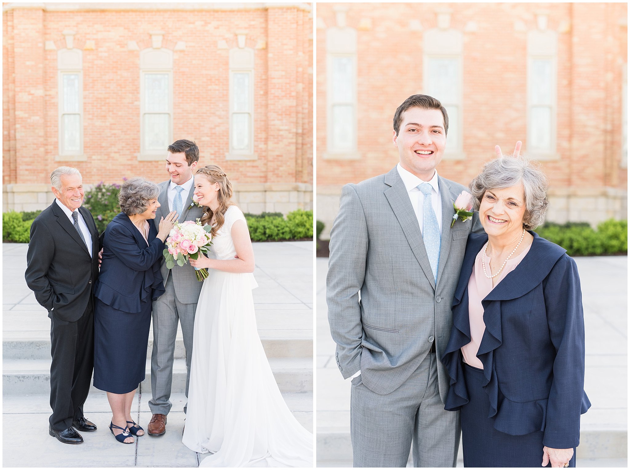 Bride and groom with grandparents at Provo City Center temple with grey, blush, and light blue wedding colors | Spring Provo City Center Temple Wedding | Utah Wedding Photographers | Jessie and Dallin Photography