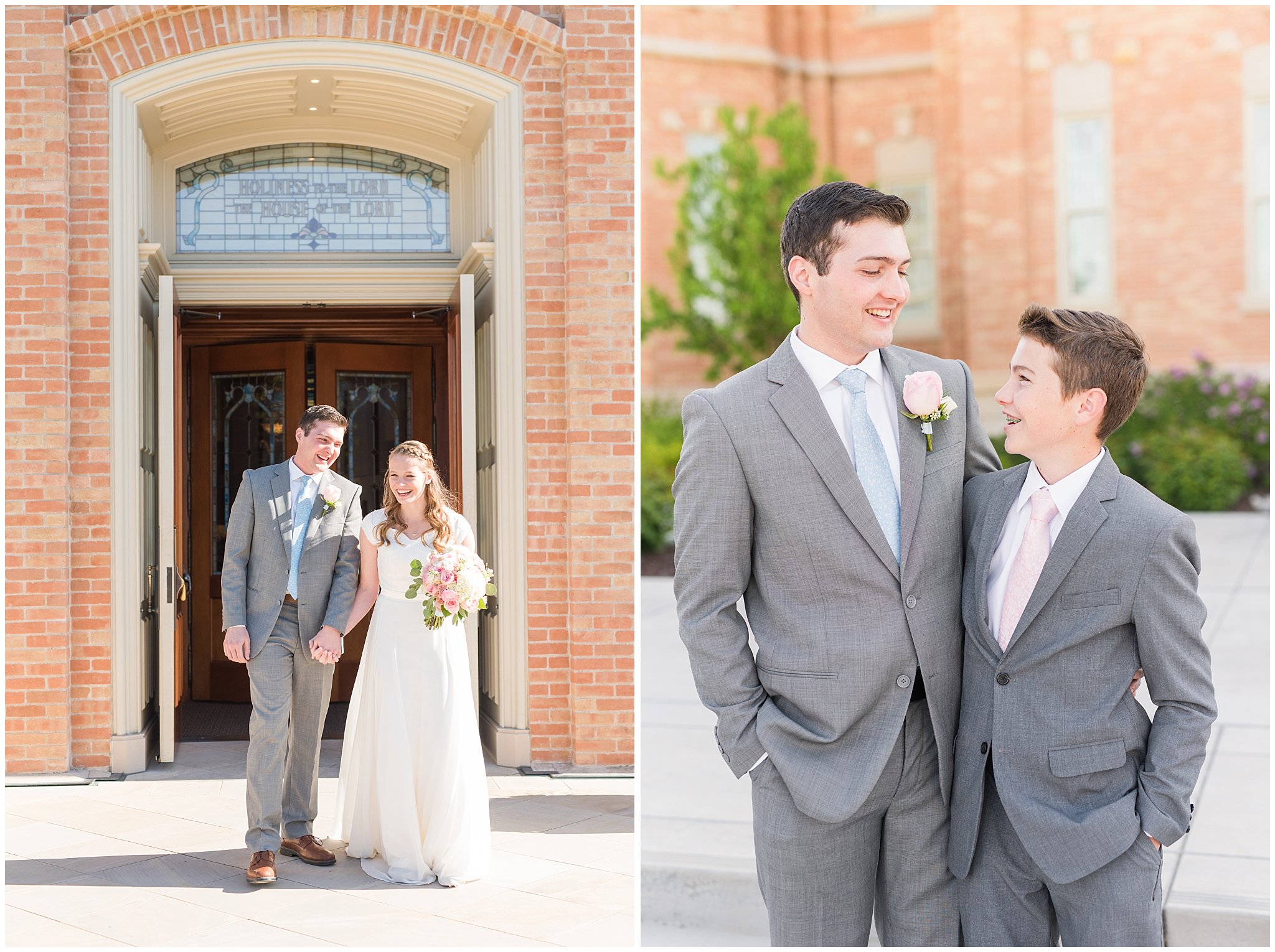 Bride and groom exit at Provo City Center temple with grey, blush, and light blue wedding colors | Spring Provo City Center Temple Wedding | Utah Wedding Photographers | Jessie and Dallin Photography