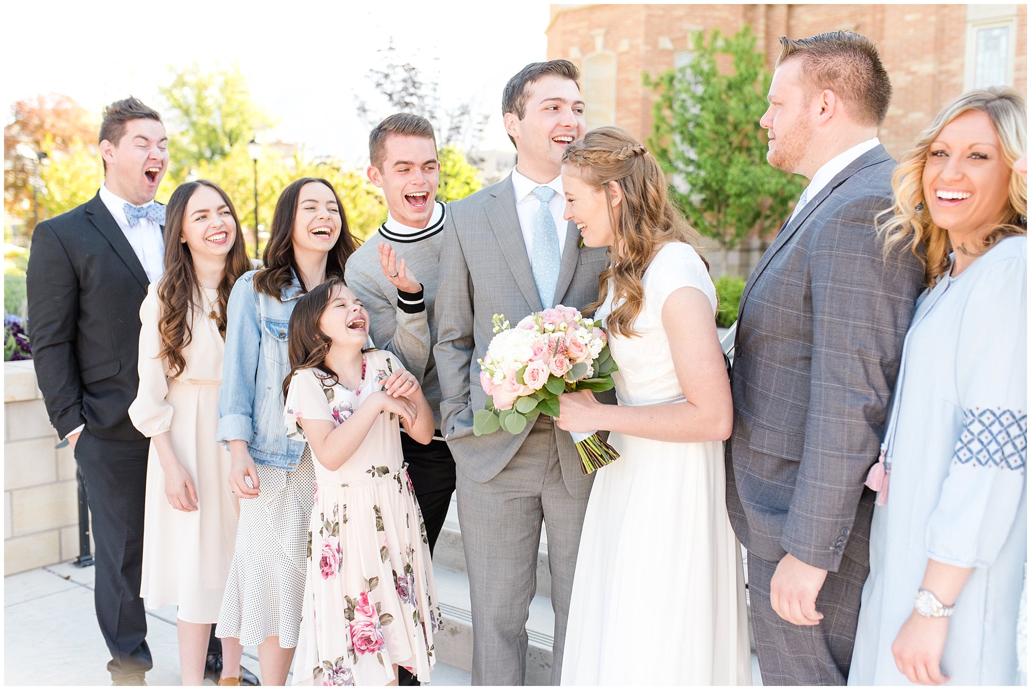 Bride and groom with family at Provo City Center temple with grey, blush, and light blue wedding colors | Spring Provo City Center Temple Wedding | Utah Wedding Photographers | Jessie and Dallin Photography