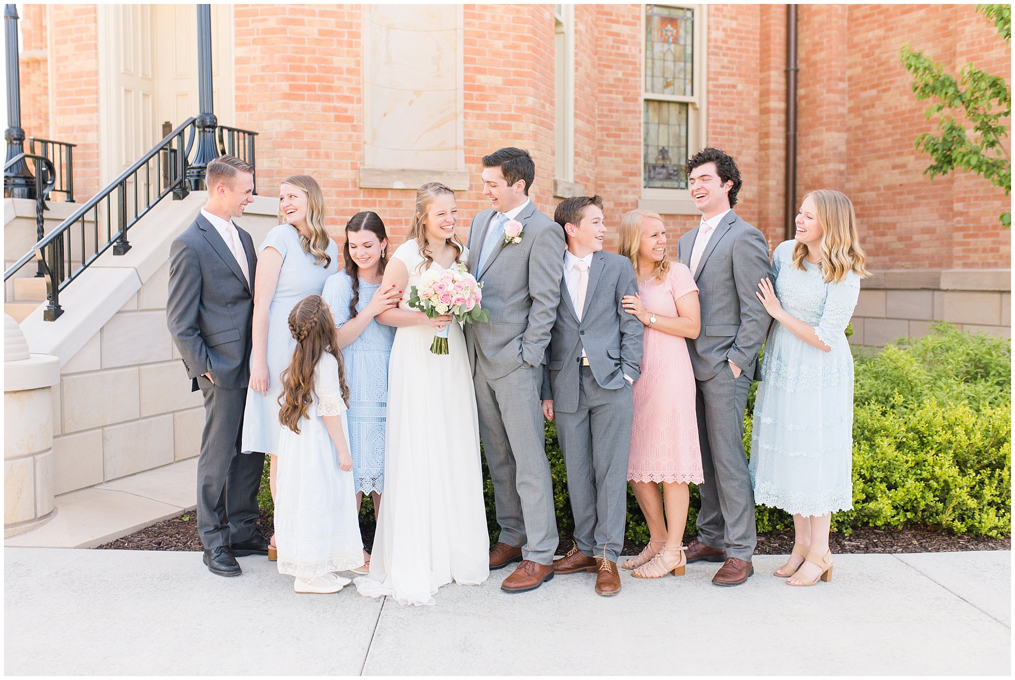 Bridal party at Provo City Center temple with grey, blush, and light blue wedding colors | Spring Provo City Center Temple Wedding | Utah Wedding Photographers | Jessie and Dallin Photography