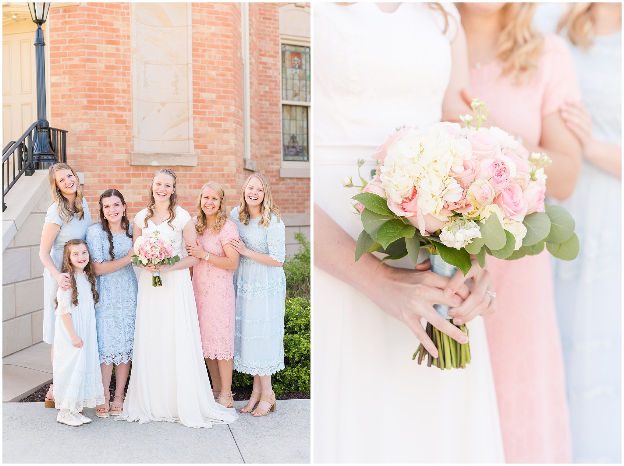 Bridesmaids at Provo City Center temple with grey, blush, and light blue wedding colors | Spring Provo City Center Temple Wedding | Utah Wedding Photographers | Jessie and Dallin Photography