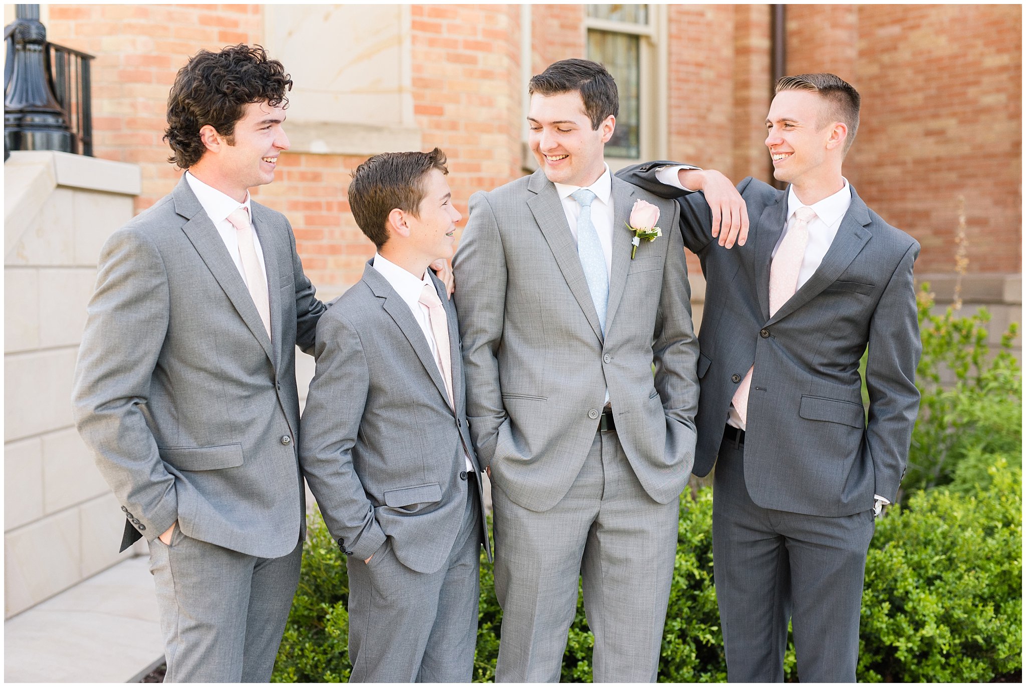 Groomsmen at Provo City Center temple with grey, blush, and light blue wedding colors | Spring Provo City Center Temple Wedding | Utah Wedding Photographers | Jessie and Dallin Photography