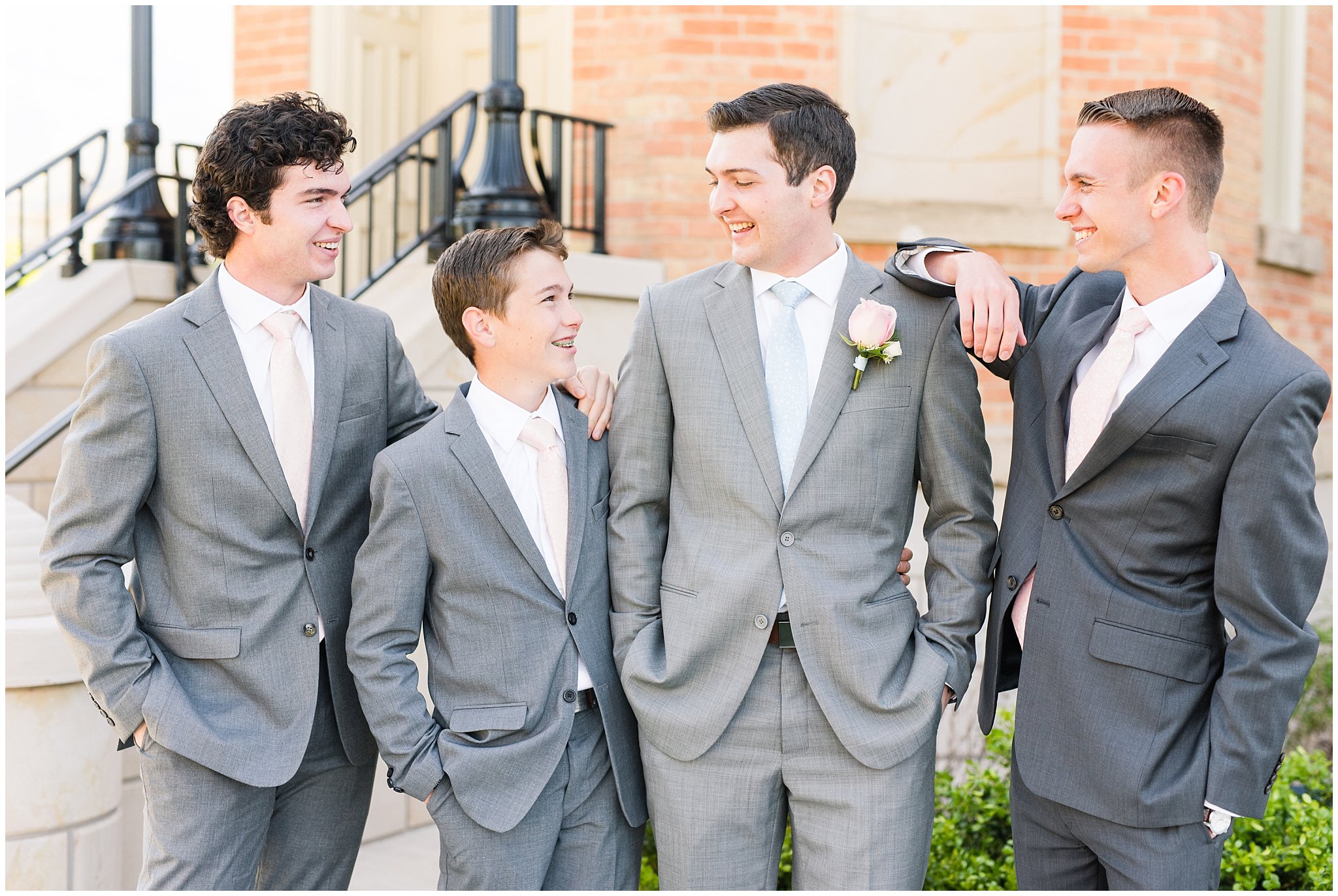 Groomsmen at Provo City Center temple with grey, blush, and light blue wedding colors | Spring Provo City Center Temple Wedding | Utah Wedding Photographers | Jessie and Dallin Photography