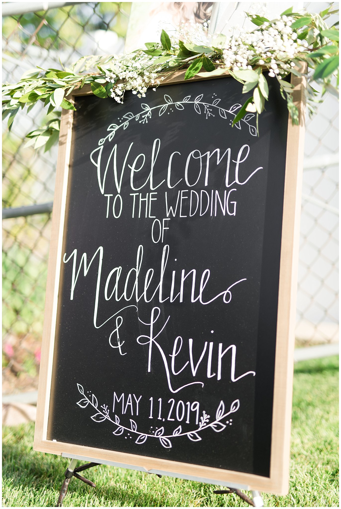 Wedding chalkboard calligraphy welcome sign | Backyard outdoor spring wedding with grey, blush, and light blue wedding colors | Spring Provo City Center Temple Wedding | Utah Wedding Photographers | Jessie and Dallin Photography