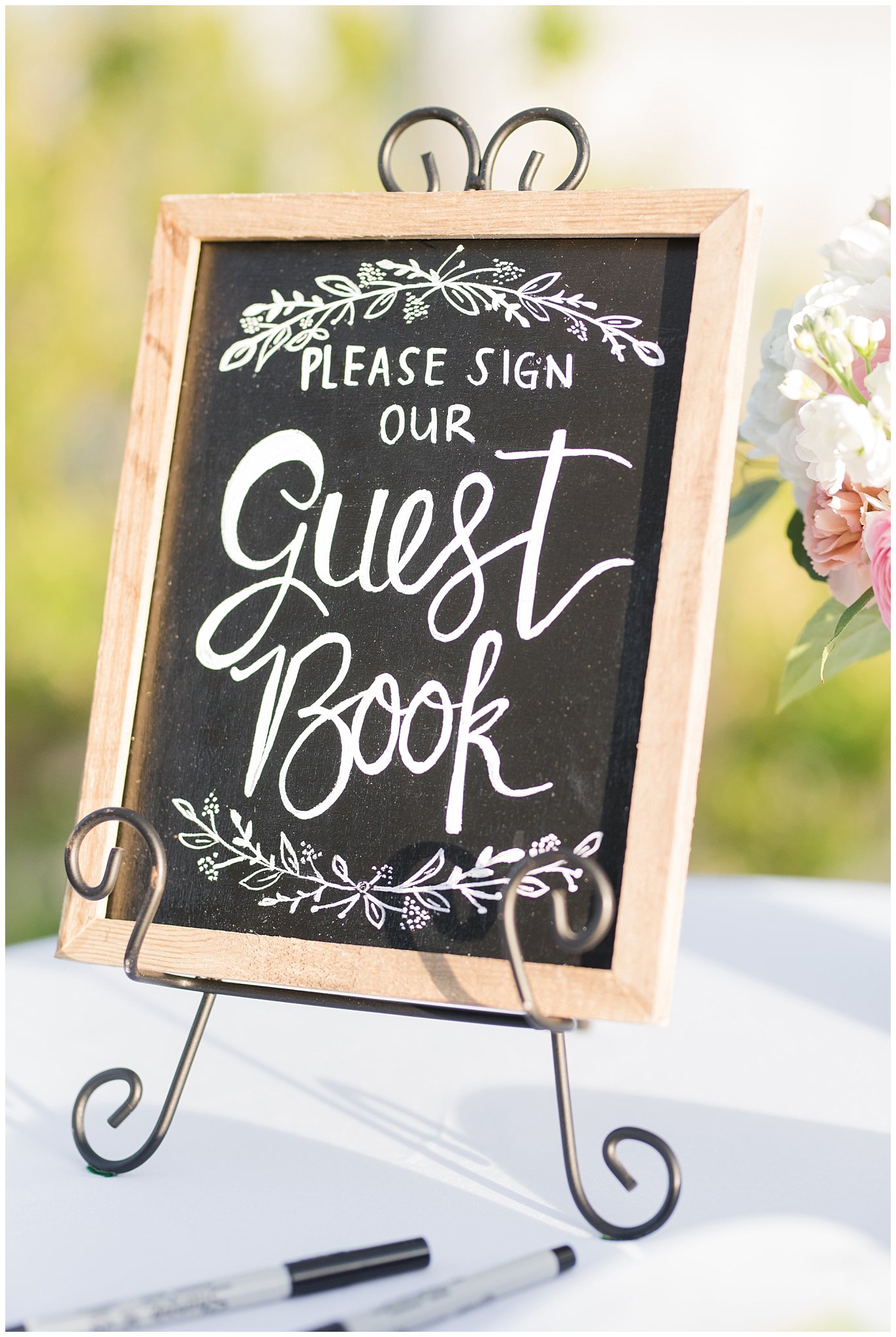 Guest book chalk board calligraphy sign | Backyard outdoor spring wedding with grey, blush, and light blue wedding colors | Spring Provo City Center Temple Wedding | Utah Wedding Photographers | Jessie and Dallin Photography