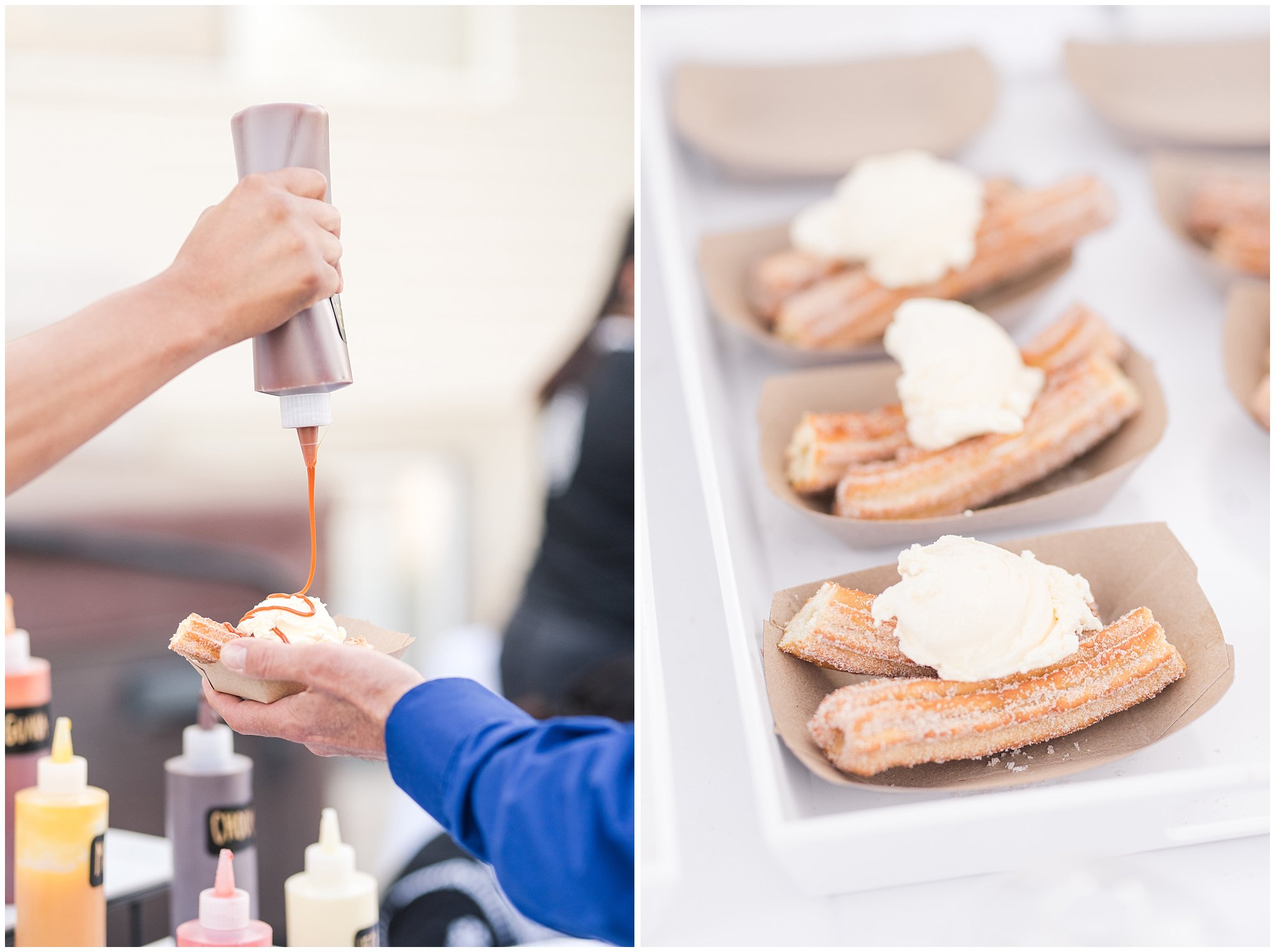 Churro cart at wedding | Backyard outdoor spring wedding with grey, blush, and light blue wedding colors | Spring Provo City Center Temple Wedding | Utah Wedding Photographers | Jessie and Dallin Photography