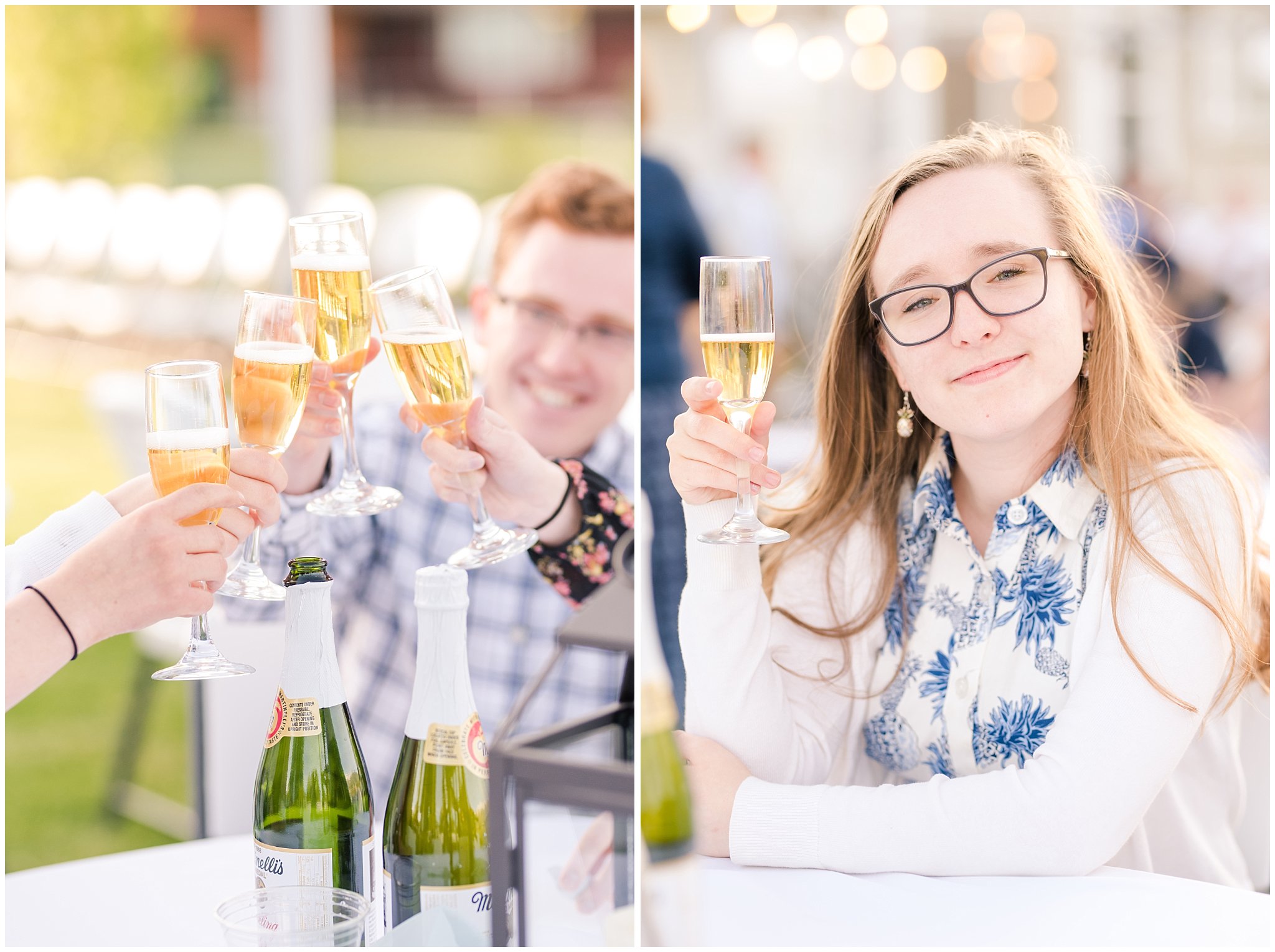 Wedding guests toasting | Backyard outdoor spring wedding with grey, blush, and light blue wedding colors | Spring Provo City Center Temple Wedding | Utah Wedding Photographers | Jessie and Dallin Photography