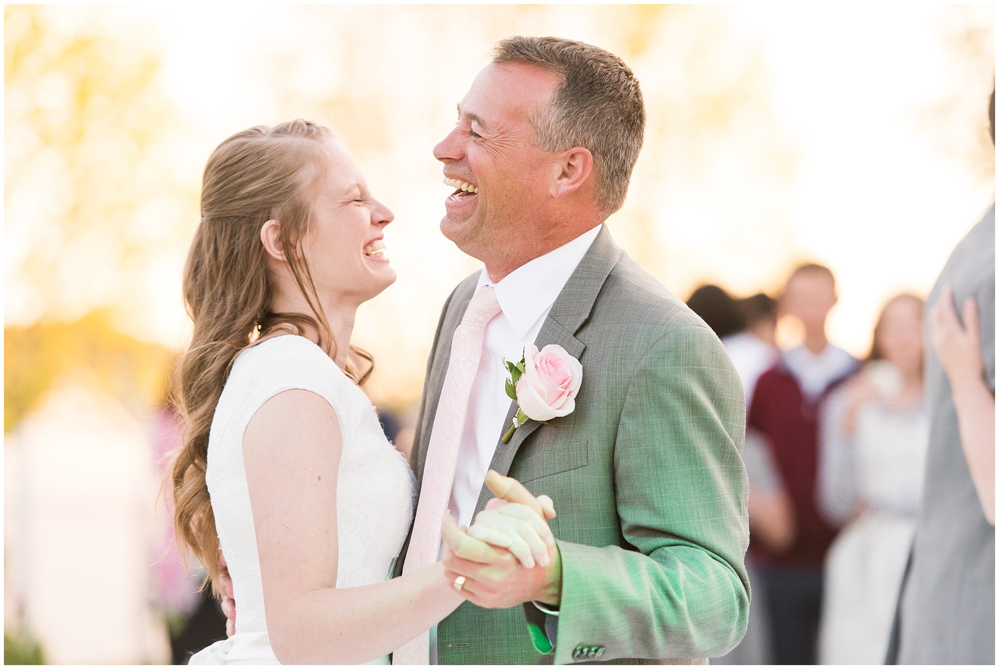 Father daughter dance, joyful and filled with laughter | Backyard outdoor spring wedding with grey, blush, and light blue wedding colors | Spring Provo City Center Temple Wedding | Utah Wedding Photographers | Jessie and Dallin Photography