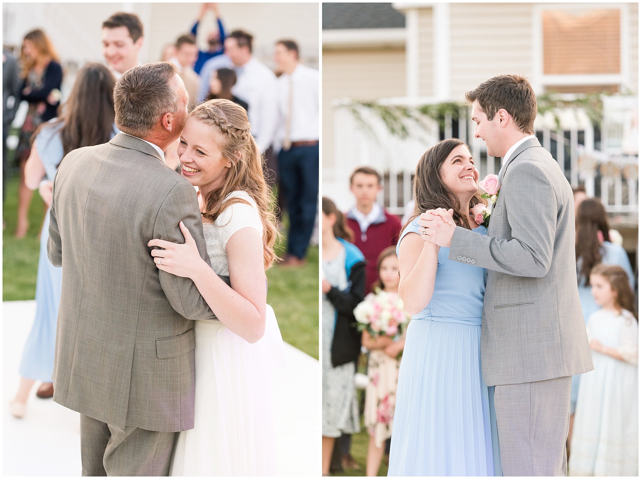 Father daughter dance, mother son dance | Backyard outdoor spring wedding with grey, blush, and light blue wedding colors | Spring Provo City Center Temple Wedding | Utah Wedding Photographers | Jessie and Dallin Photography