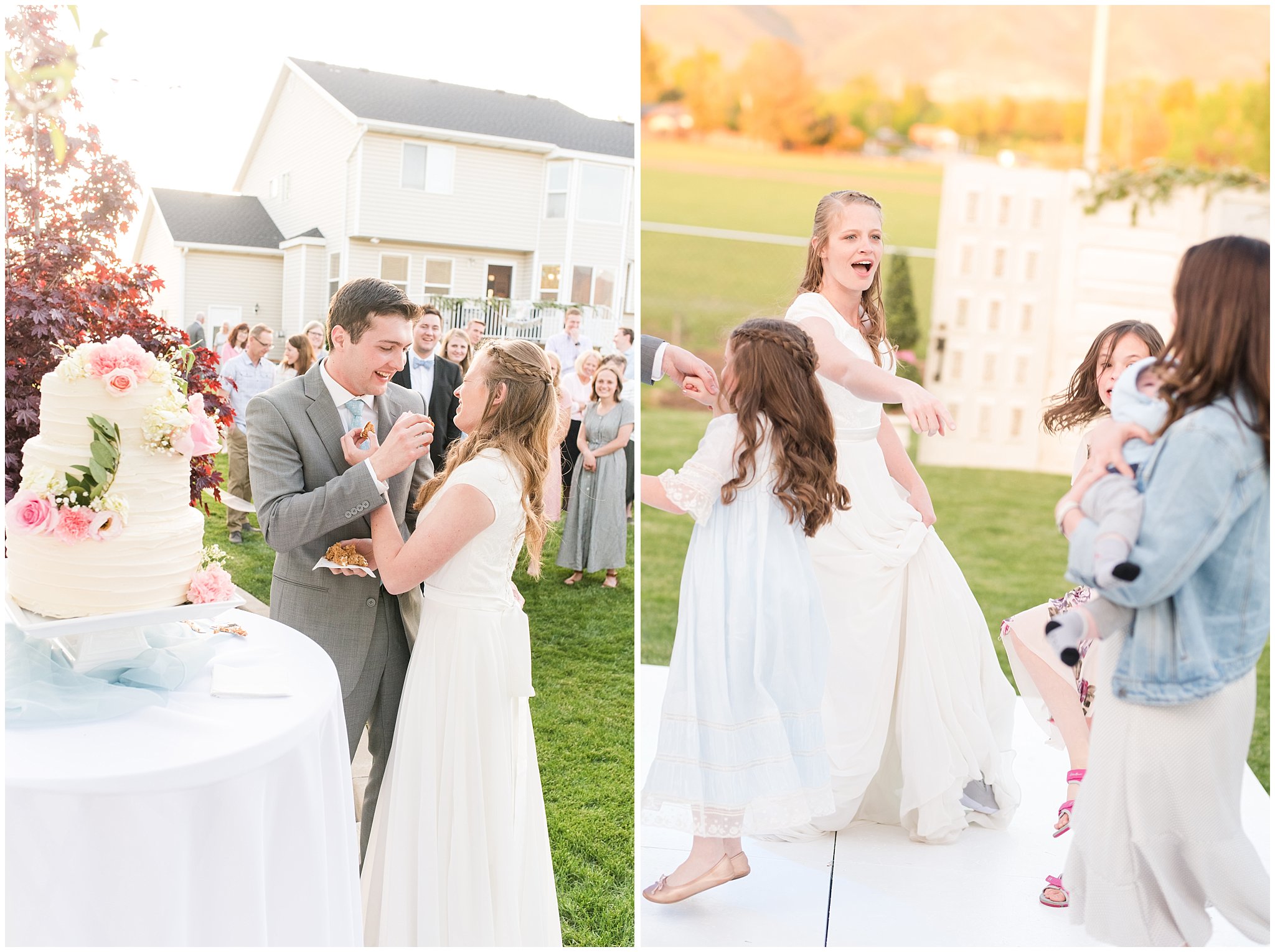 Bride and groom cake cutting | Backyard outdoor spring wedding with grey, blush, and light blue wedding colors | Spring Provo City Center Temple Wedding | Utah Wedding Photographers | Jessie and Dallin Photography