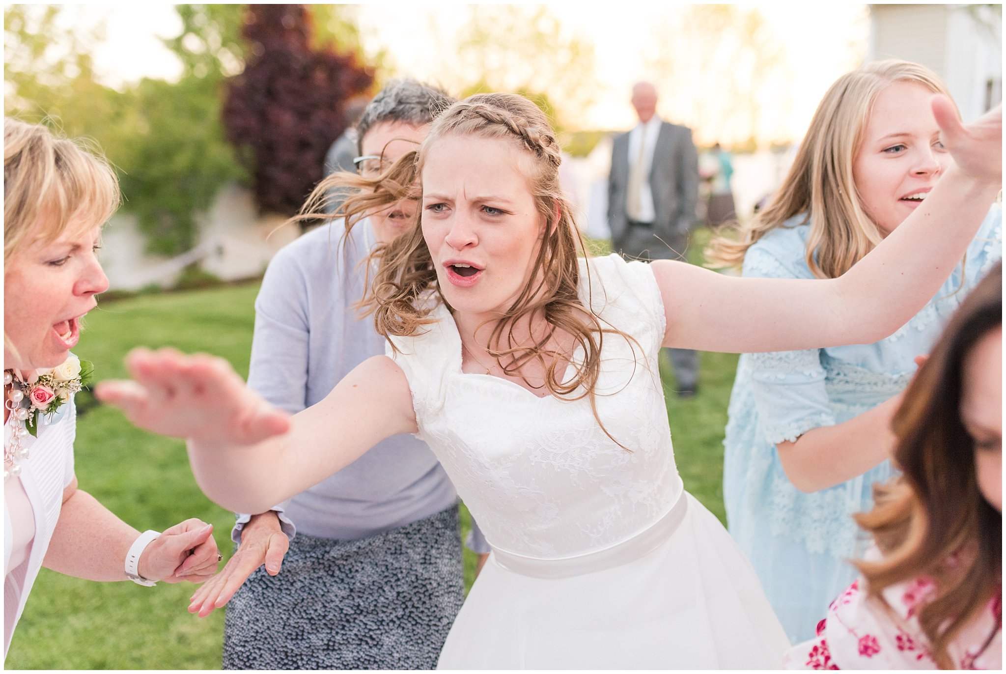Fun backyard party dancing | Backyard outdoor spring wedding with grey, blush, and light blue wedding colors | Spring Provo City Center Temple Wedding | Utah Wedding Photographers | Jessie and Dallin Photography