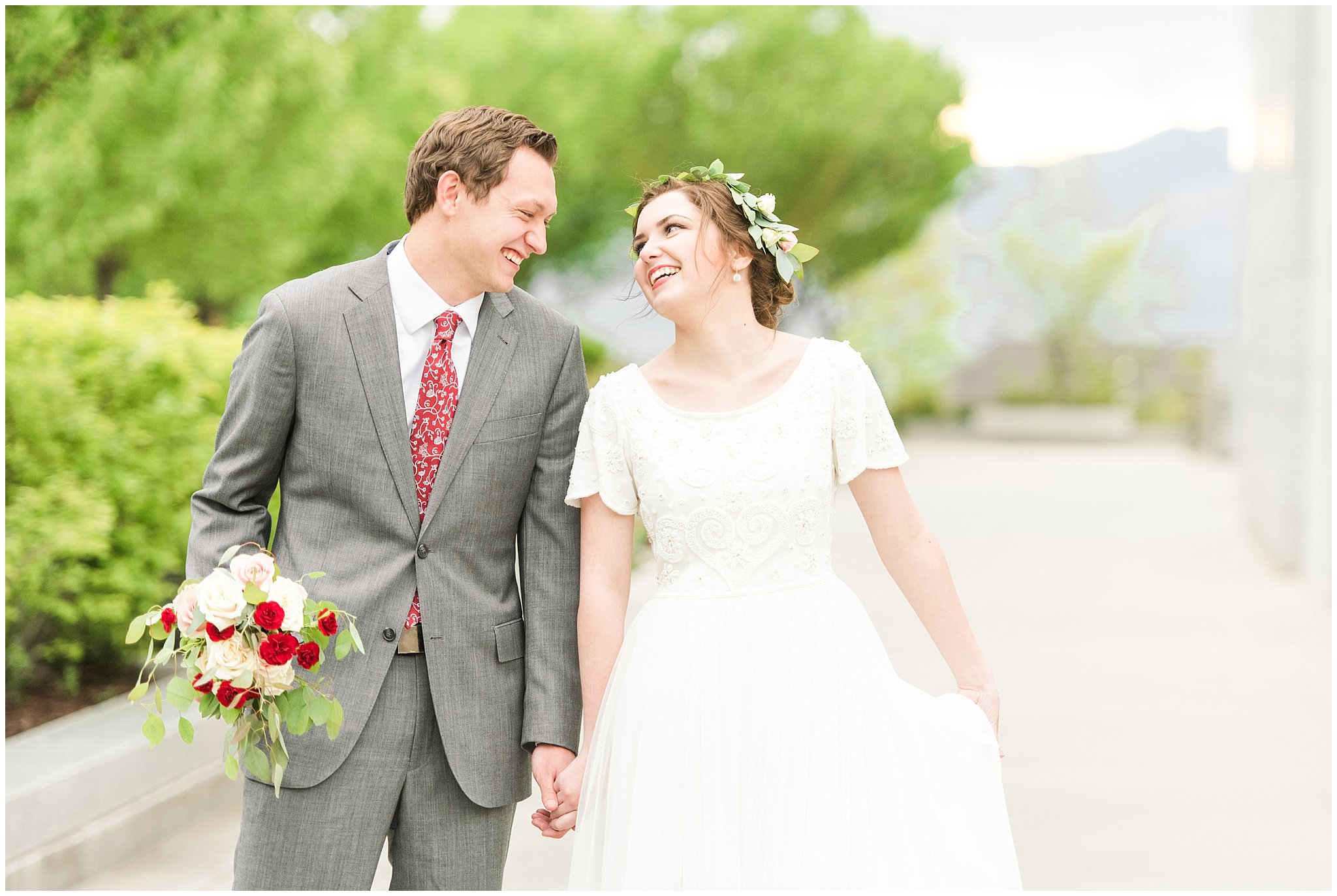 Bride and groom at the Draper Temple | Grey, Burgundy, and Gold Wedding | Draper Temple and South Mountain Wedding | Utah Wedding Photographers | Jessie and Dallin Photography