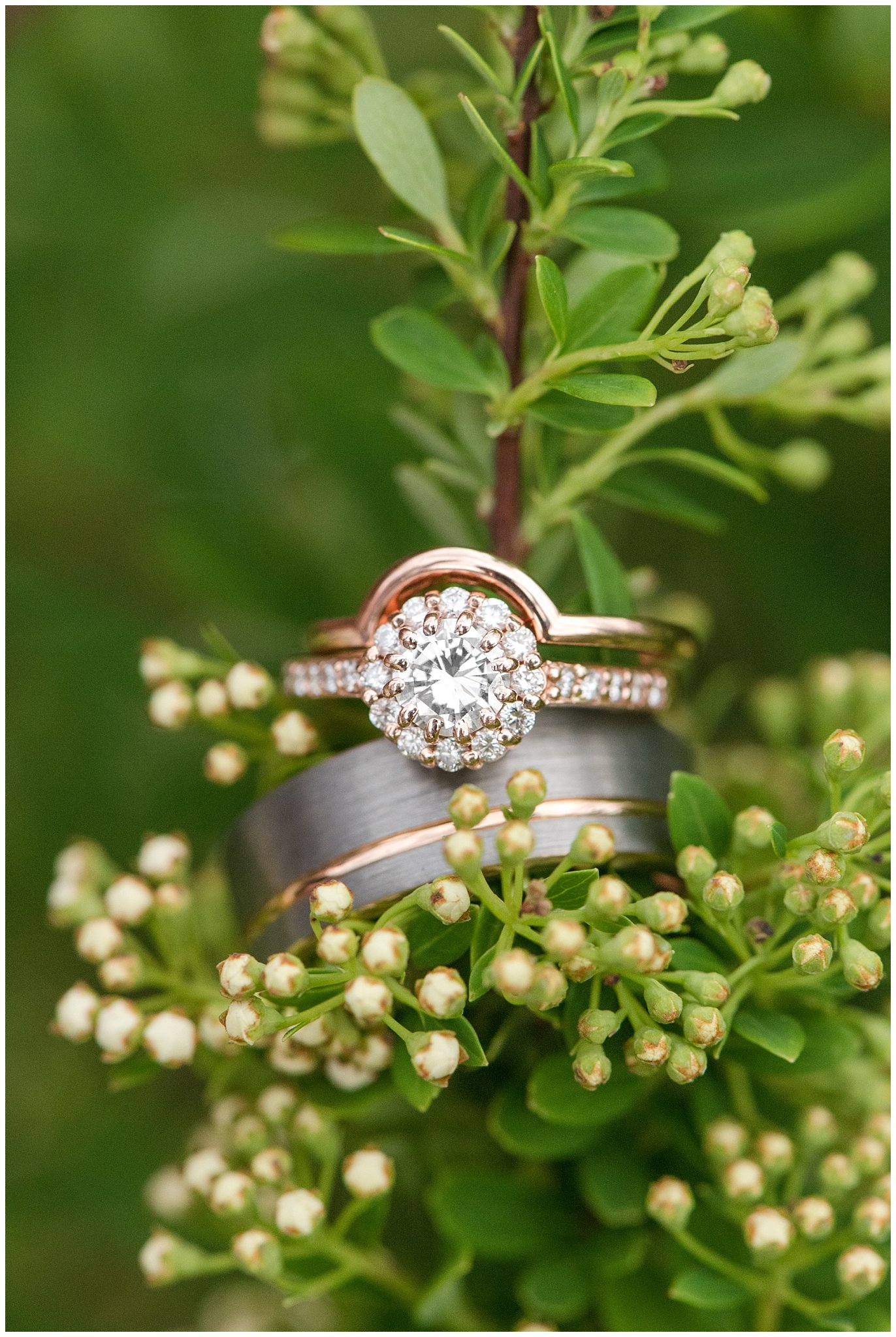 Ring shot on green plants | Grey, Burgundy, and Gold Wedding | Draper Temple and South Mountain Wedding | Utah Wedding Photographers | Jessie and Dallin Photography