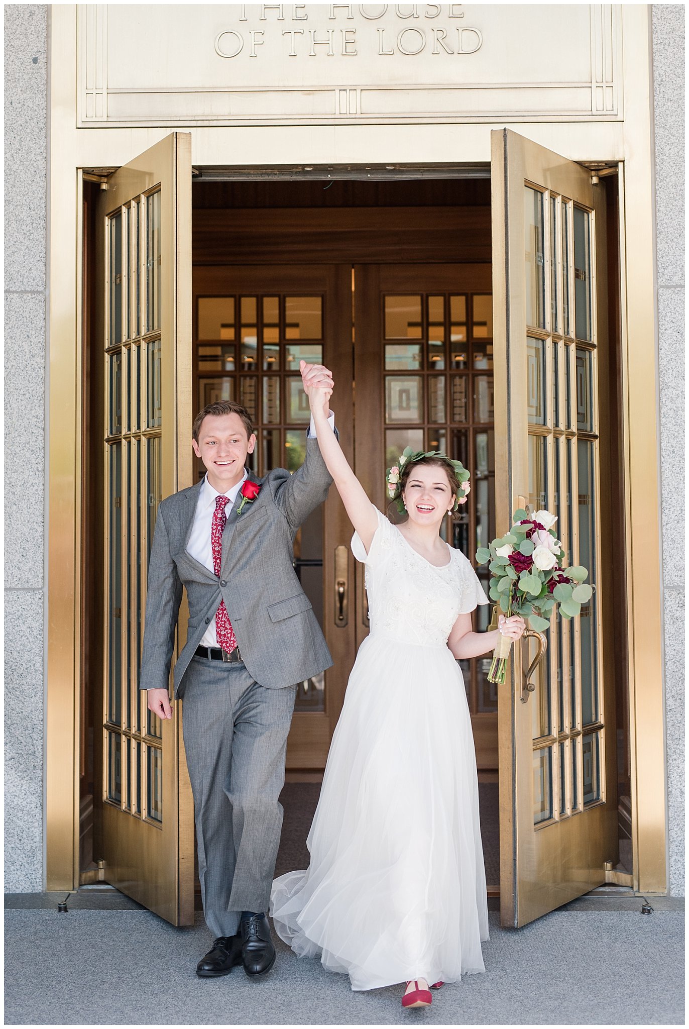 Bride and groom exit at the Draper Temple | Grey, Burgundy, and Gold Wedding | Draper Temple and South Mountain Wedding | Utah Wedding Photographers | Jessie and Dallin Photography