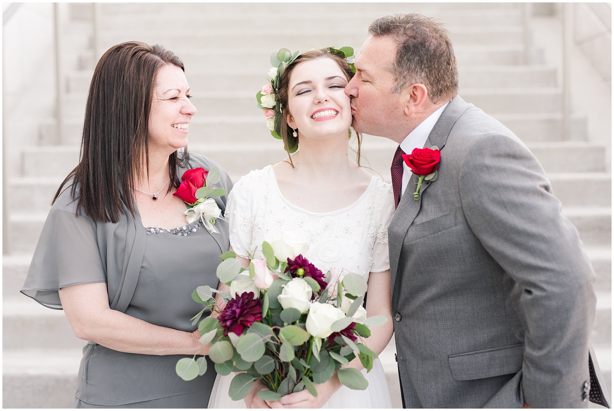 Bride and groom with family at the Draper Temple | Grey, Burgundy, and Gold Wedding | Draper Temple and South Mountain Wedding | Utah Wedding Photographers | Jessie and Dallin Photography