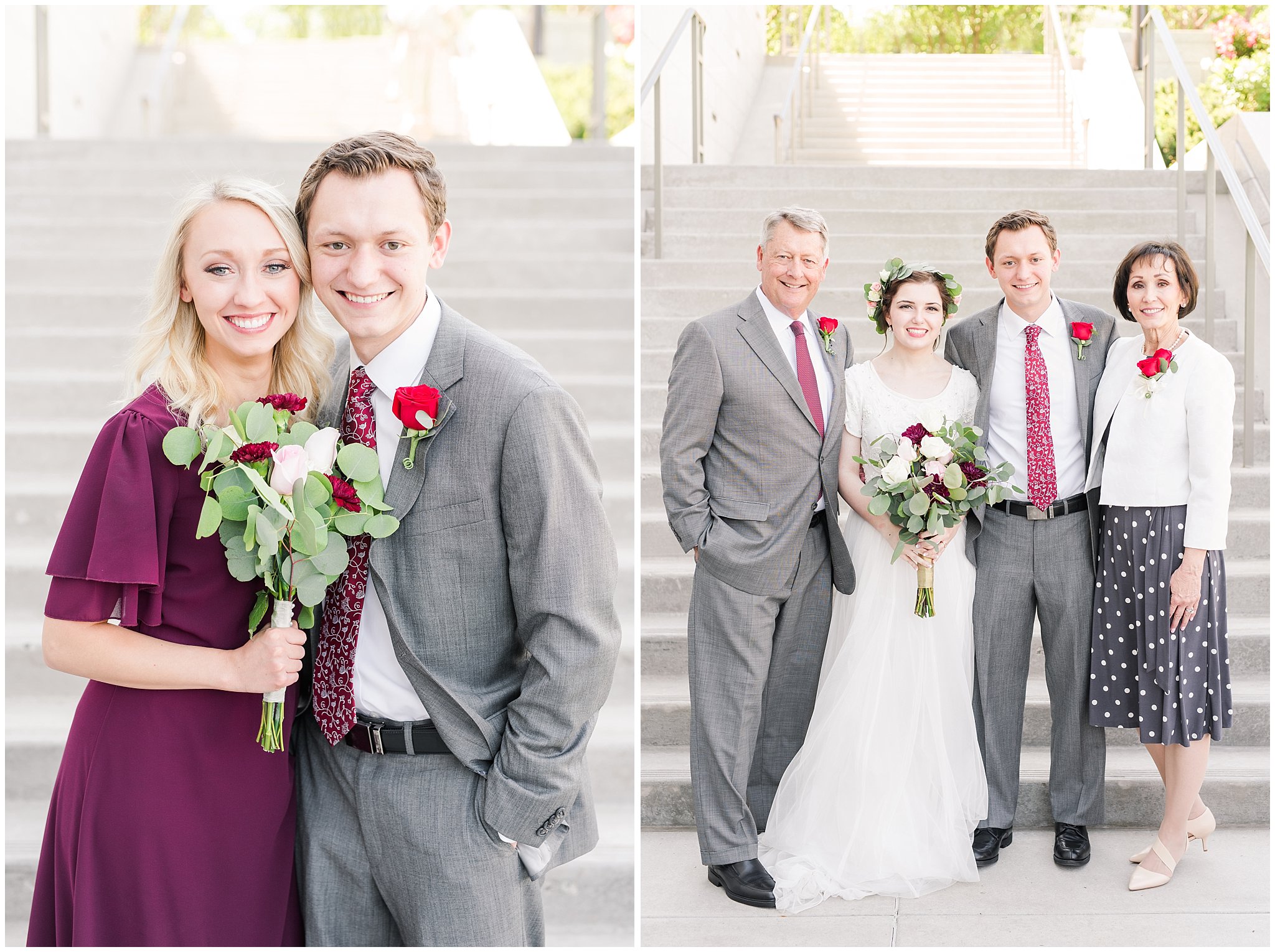 Bride and groom with family at the Draper Temple | Grey, Burgundy, and Gold Wedding | Draper Temple and South Mountain Wedding | Utah Wedding Photographers | Jessie and Dallin Photography