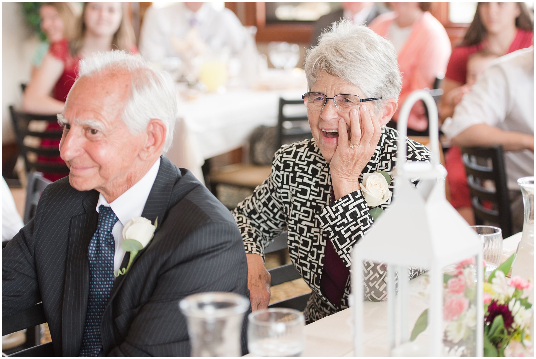 Grandparent reactions during wedding toasts | Grey, Burgundy, and Gold Wedding | Draper Temple and South Mountain Wedding | Utah Wedding Photographers | Jessie and Dallin Photography