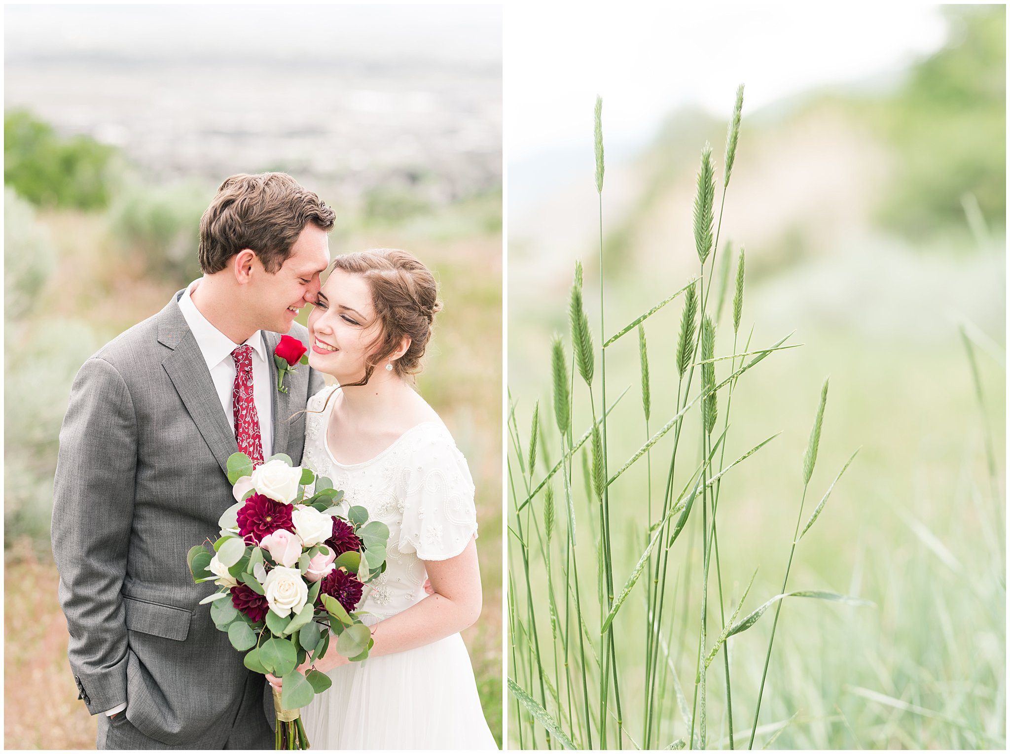 Bride and groom portraits overlooking Salt Lake City | Grey, Burgundy, and Gold Wedding | Draper Temple and South Mountain Wedding | Utah Wedding Photographers | Jessie and Dallin Photography
