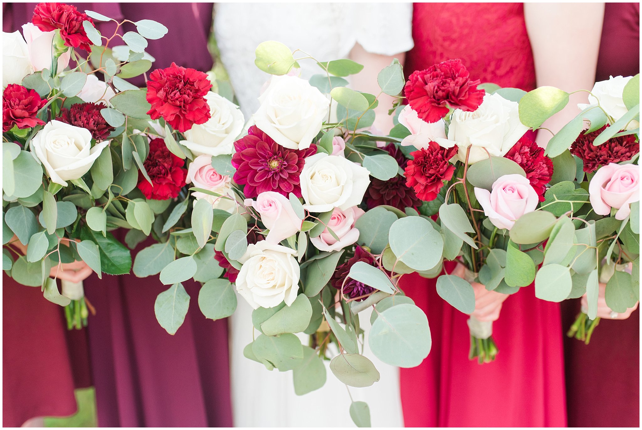 Bridal Party with bouquets | Grey, Burgundy, and Gold Wedding | Draper Temple and South Mountain Wedding | Utah Wedding Photographers | Jessie and Dallin Photography