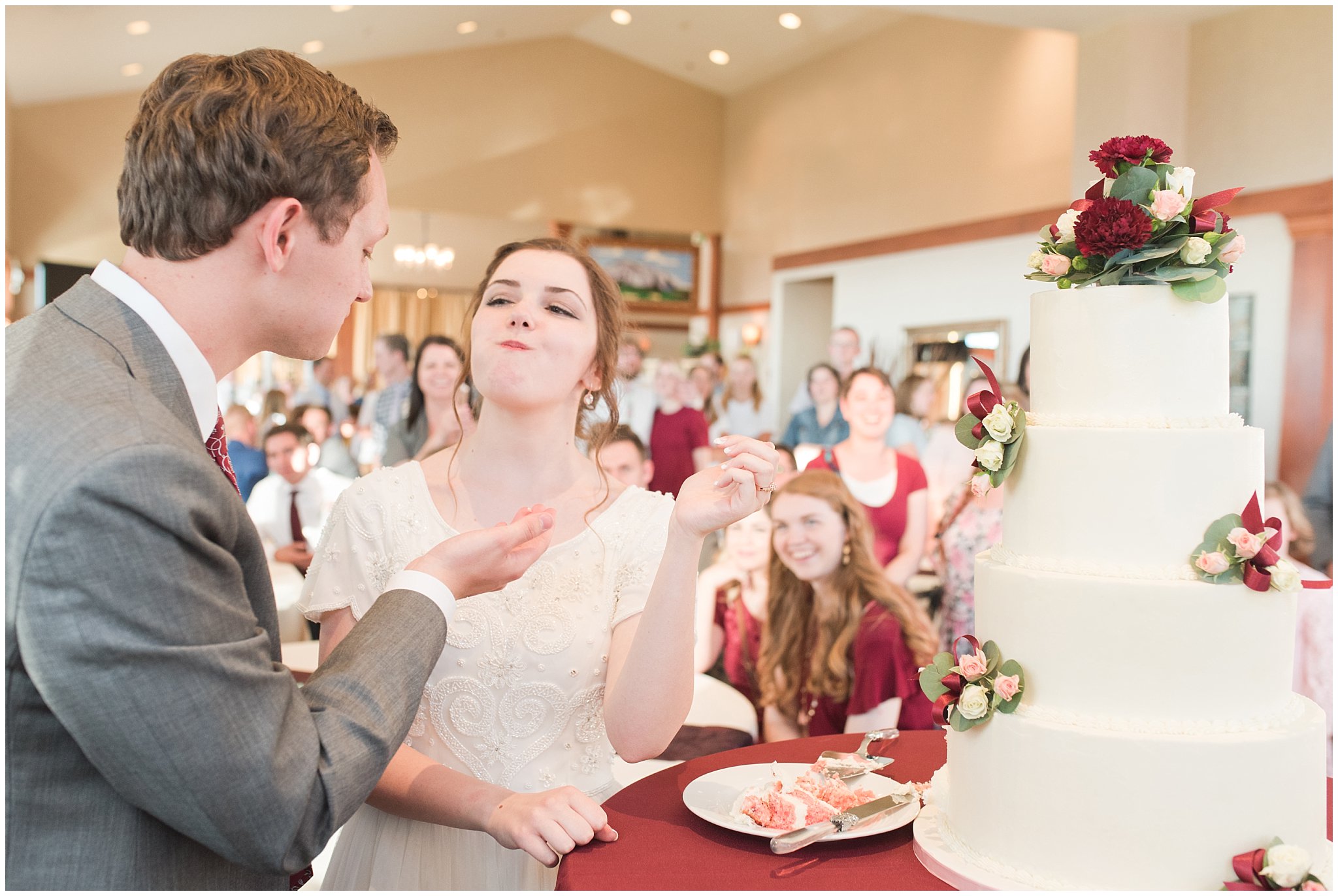 Cake cutting at reception | Grey, Burgundy, and Gold Wedding | Draper Temple and South Mountain Wedding | Utah Wedding Photographers | Jessie and Dallin Photography