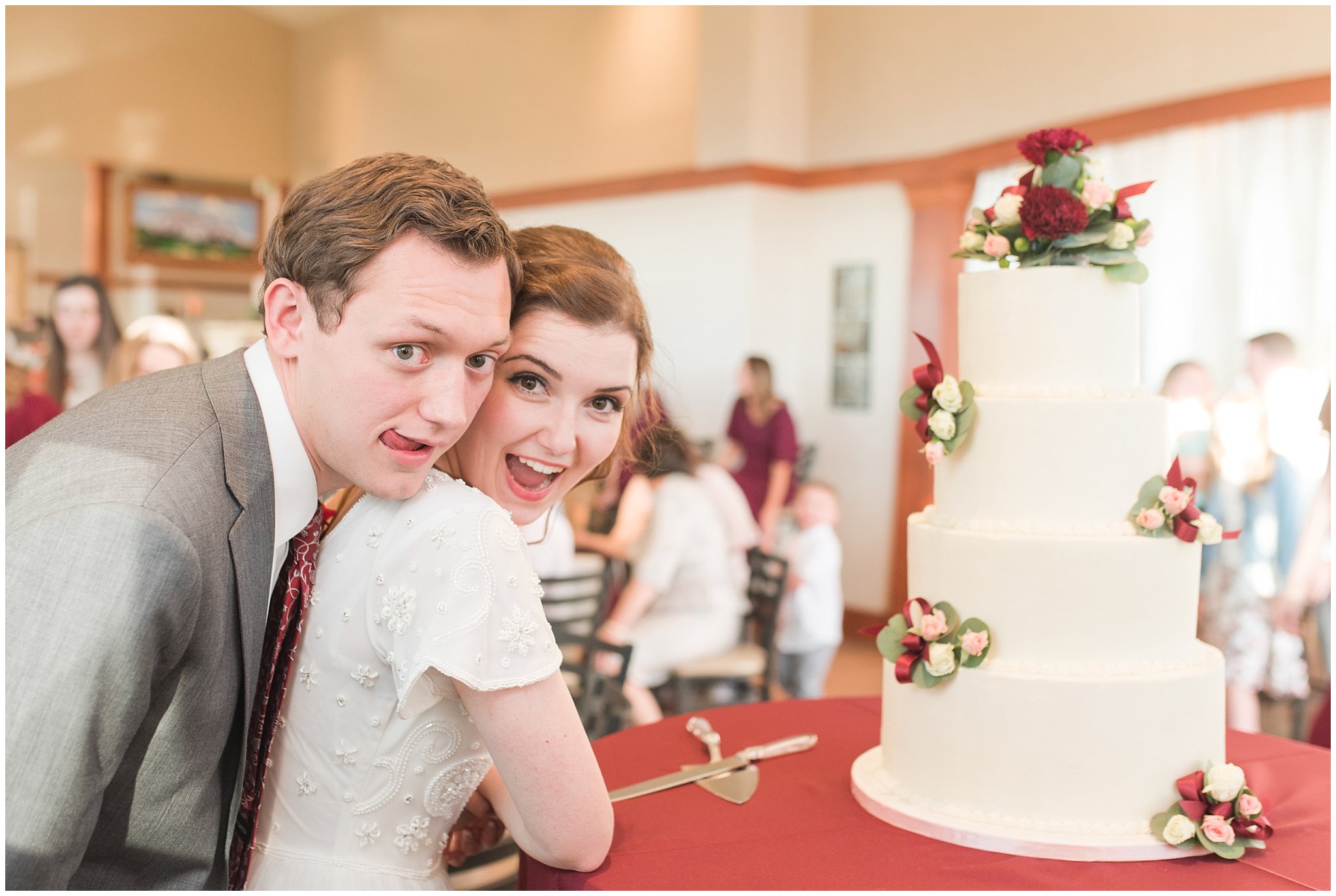 Cake cutting at reception | Grey, Burgundy, and Gold Wedding | Draper Temple and South Mountain Wedding | Utah Wedding Photographers | Jessie and Dallin Photography