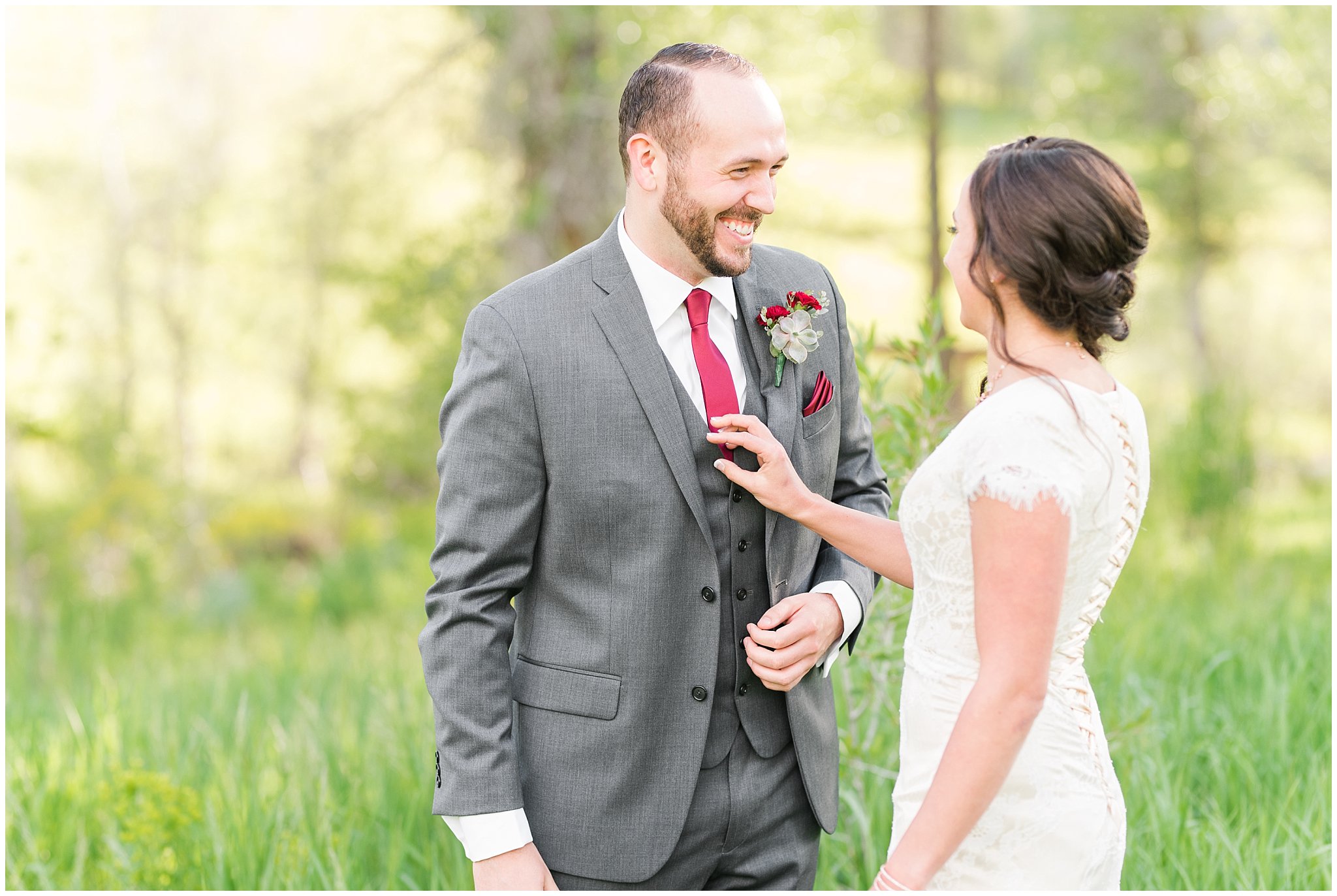 Bride and groom first look in the mountains | Groom in grey suit and bride in beige and white dress | Snowbasin Summer Formal Session | Utah Wedding Photographers | Jessie and Dallin