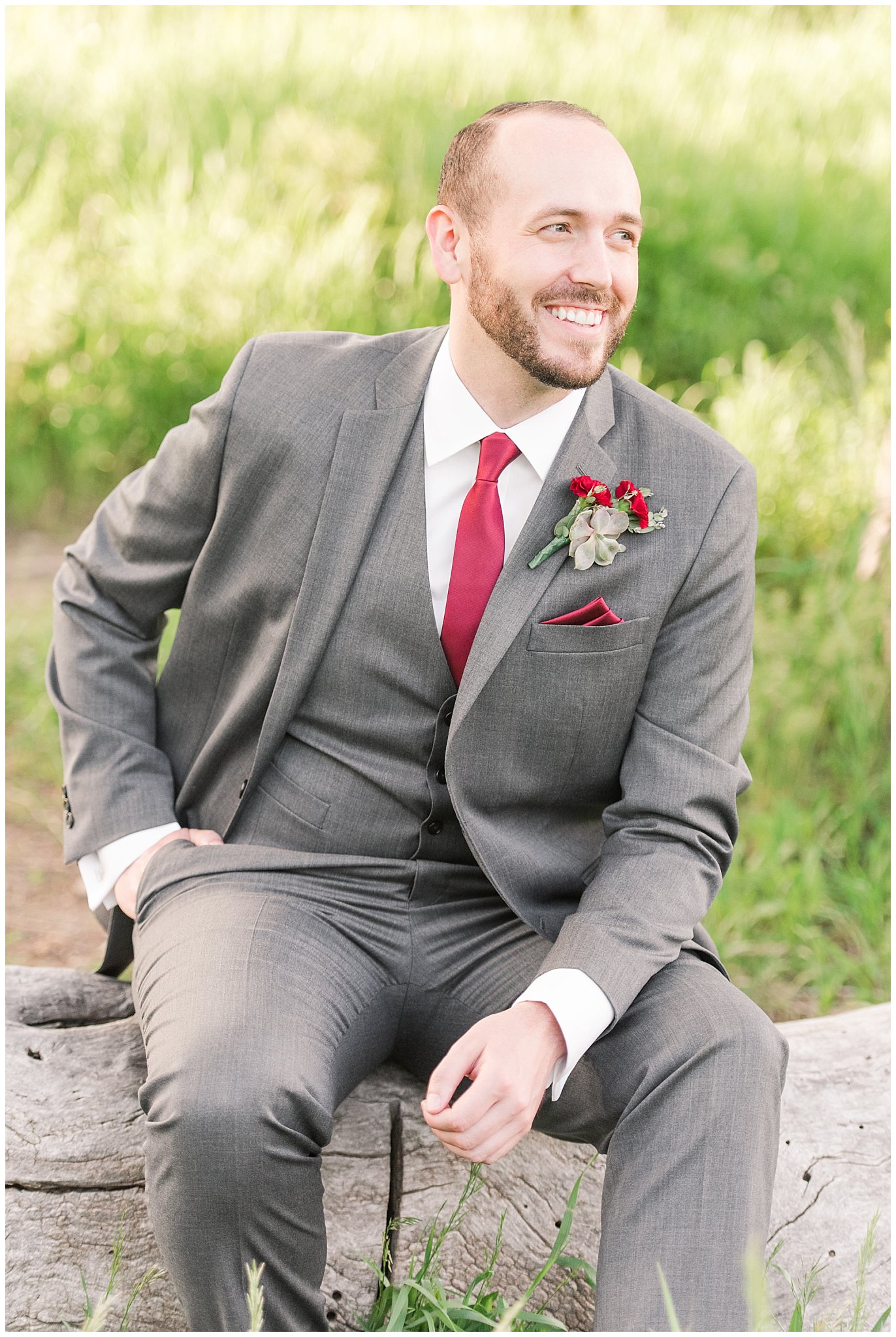 Groom portraits in the mountains | Groom in grey suit and bride in beige and white dress | Snowbasin Summer Formal Session | Utah Wedding Photographers | Jessie and Dallin