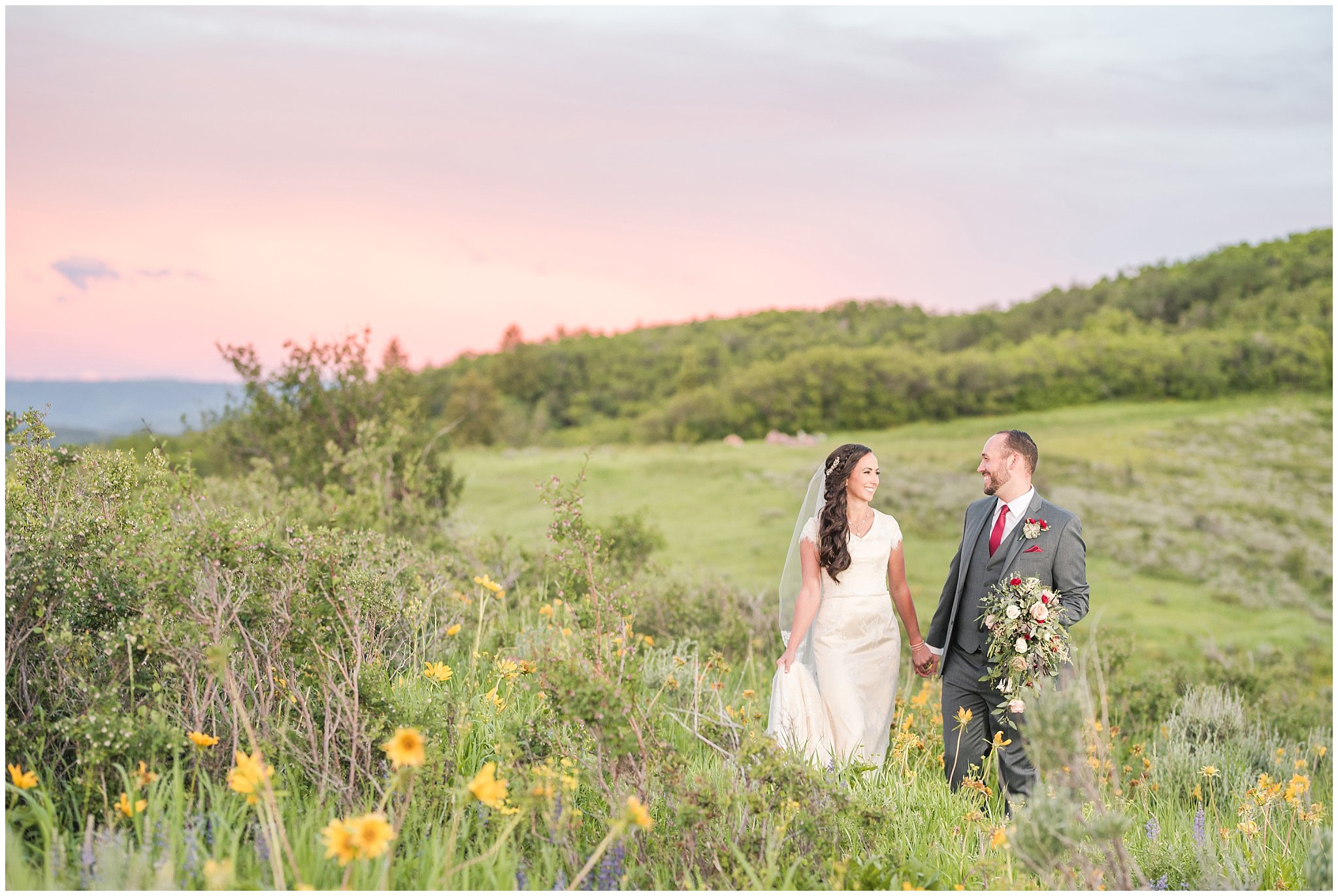 Bride and groom portraits in the mountains with a sunset | Groom in grey suit and bride in beige and white dress with waterfall bouquet | Snowbasin Summer Formal Session | Utah Wedding Photographers | Jessie and Dallin