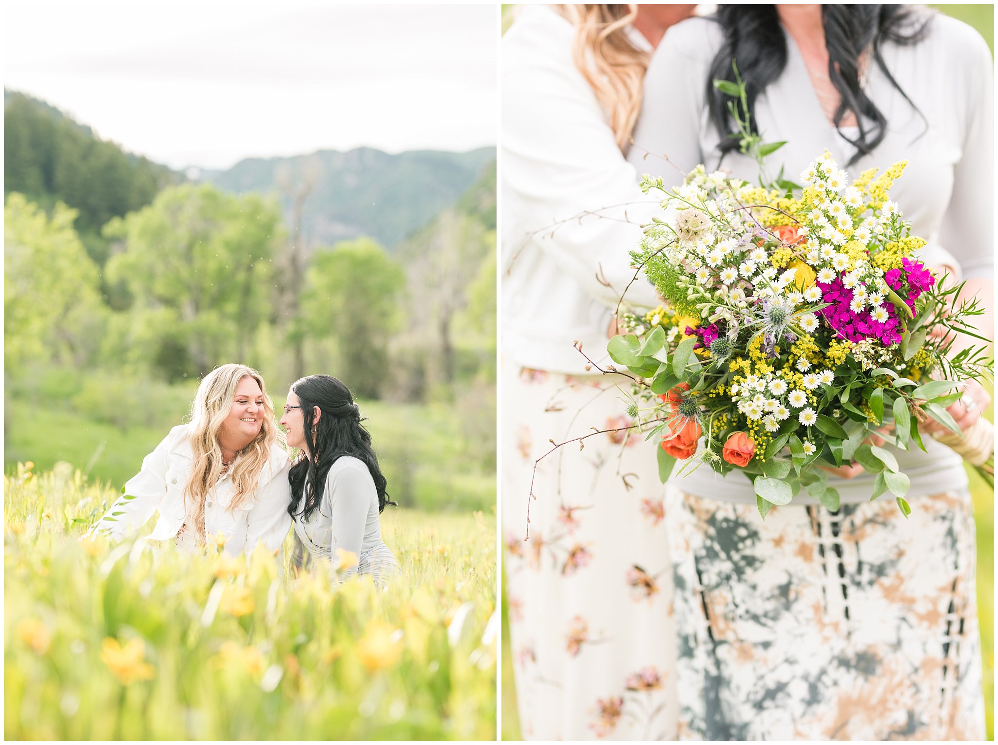 Couple in the mountains with bouquet and sunflowers | Summer Mountain Engagement | Jessie and Dallin Photography