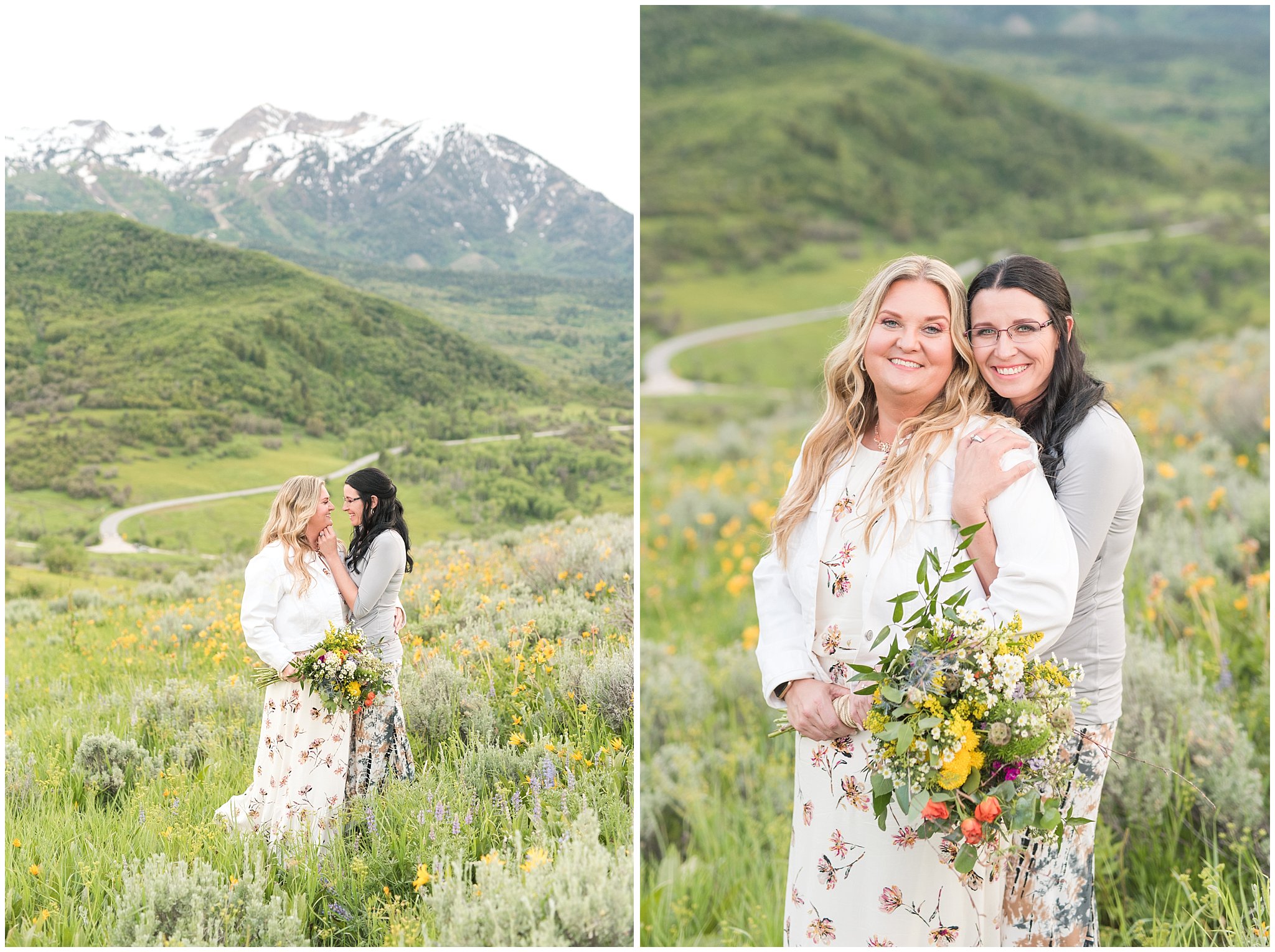 Couple in the mountains with bouquet and sunflowers | Summer Mountain Engagement | Jessie and Dallin Photography