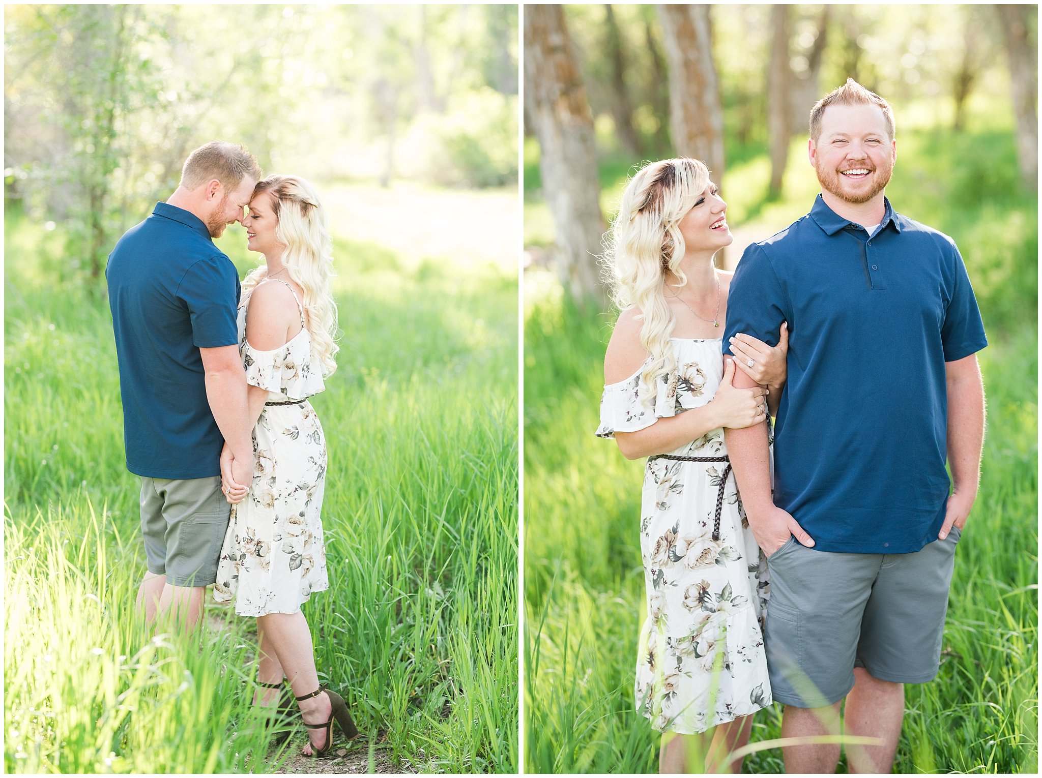 Couple in white floral dress, and blue polo in the woods | Wildflower Engagement in the Utah Mountains | Utah Engagement Photography | Jessie and Dallin Photography