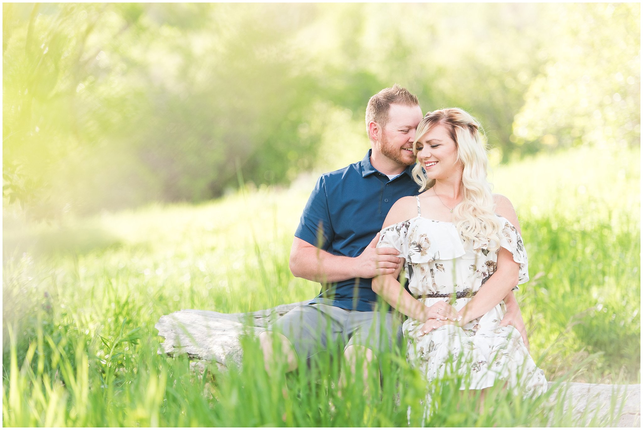 Couple in white floral dress, and blue polo in the woods | Wildflower Engagement in the Utah Mountains | Utah Engagement Photography | Jessie and Dallin Photography