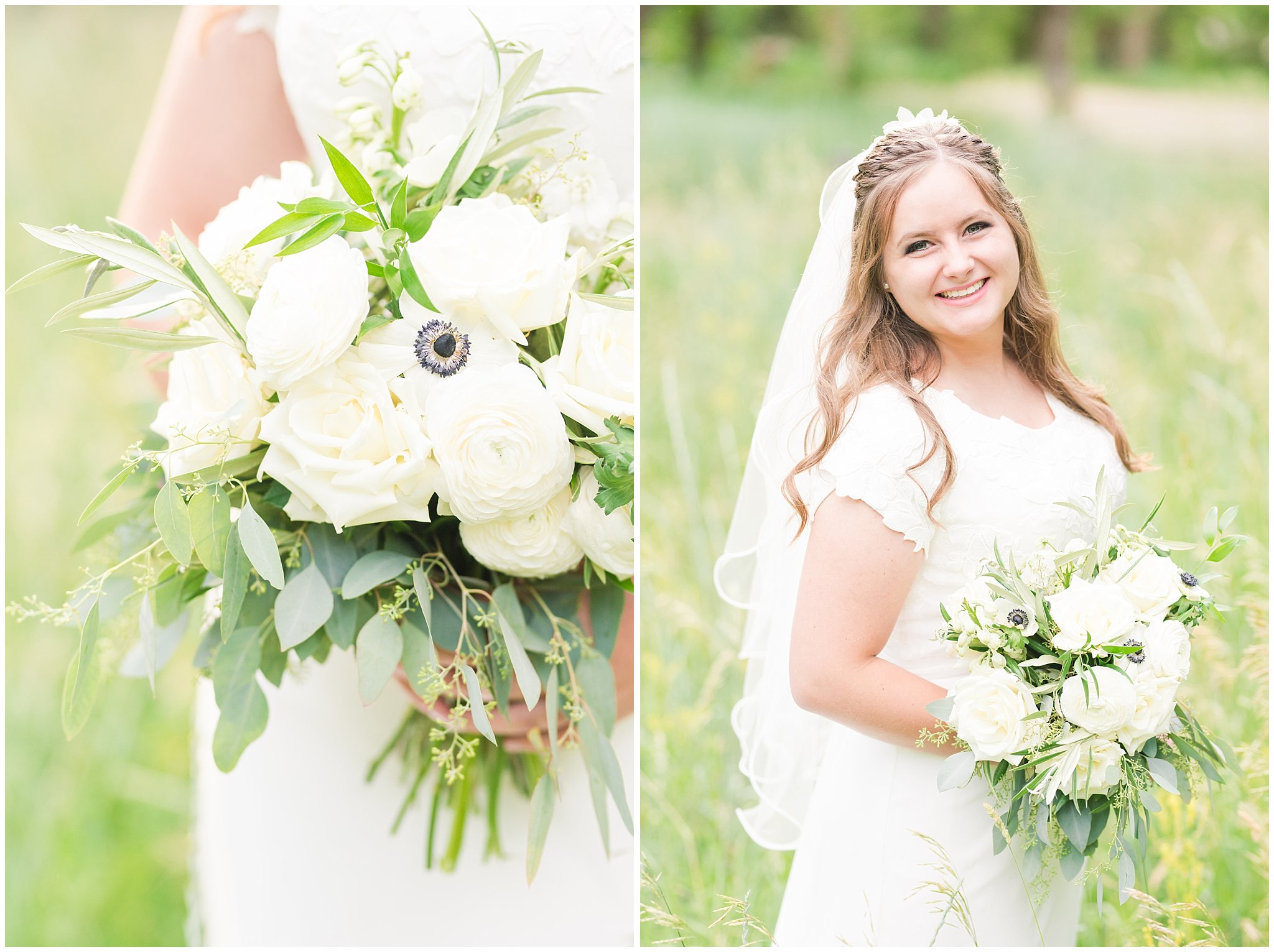 Elegant bridal portraits with white and blue anemone bouquet in the mountains | Navy, wine, and gold wedding colors | Bountiful Temple and Mueller Park Formal Session | Utah Wedding Photographers | Jessie and Dallin Photography