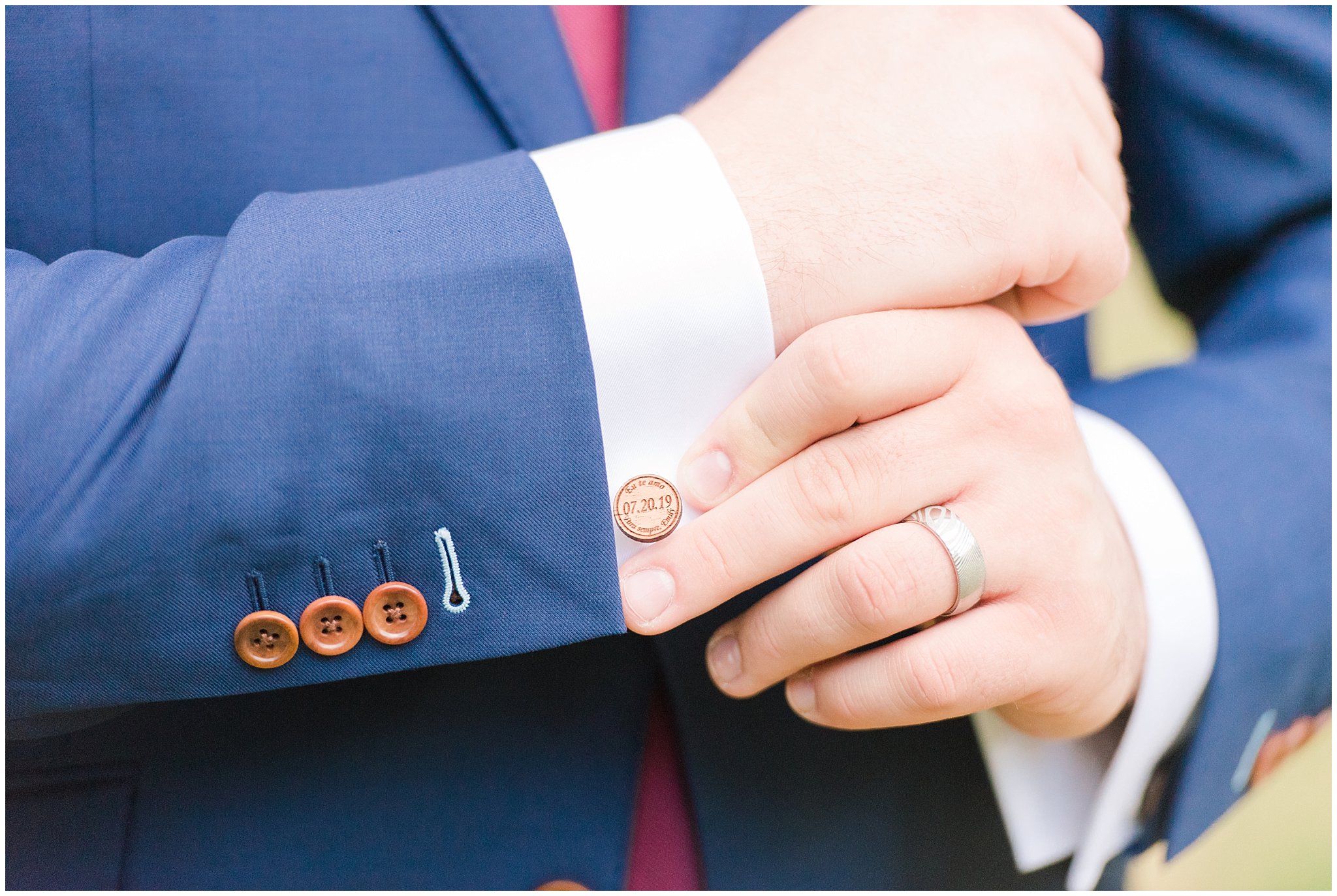 Groom portraits in navy suit with wooden engraved cufflinks in the mountains | Navy, wine, and gold wedding colors | Bountiful Temple and Mueller Park Formal Session | Utah Wedding Photographers | Jessie and Dallin Photography