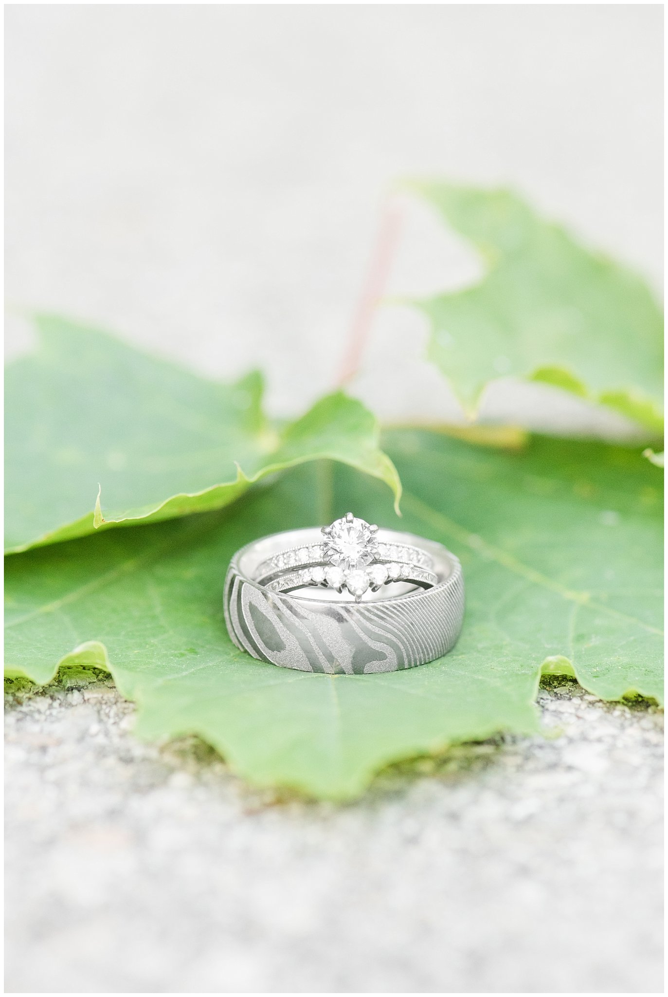 White gold wedding ring and wedding band ring shot on maple leaf in the mountains | Bountiful Temple and Mueller Park Formal Session | Utah Wedding Photographers | Jessie and Dallin Photography