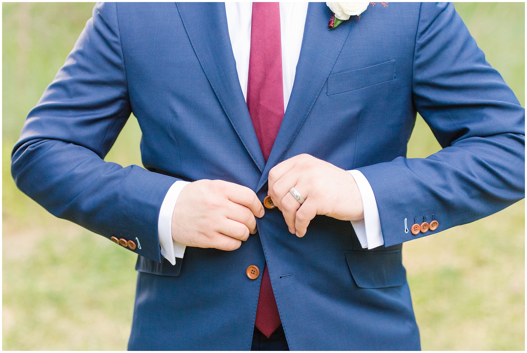 Groom portraits in navy suit with wine colored tie in the mountains | Navy, wine, and gold wedding colors | Bountiful Temple and Mueller Park Formal Session | Utah Wedding Photographers | Jessie and Dallin Photography