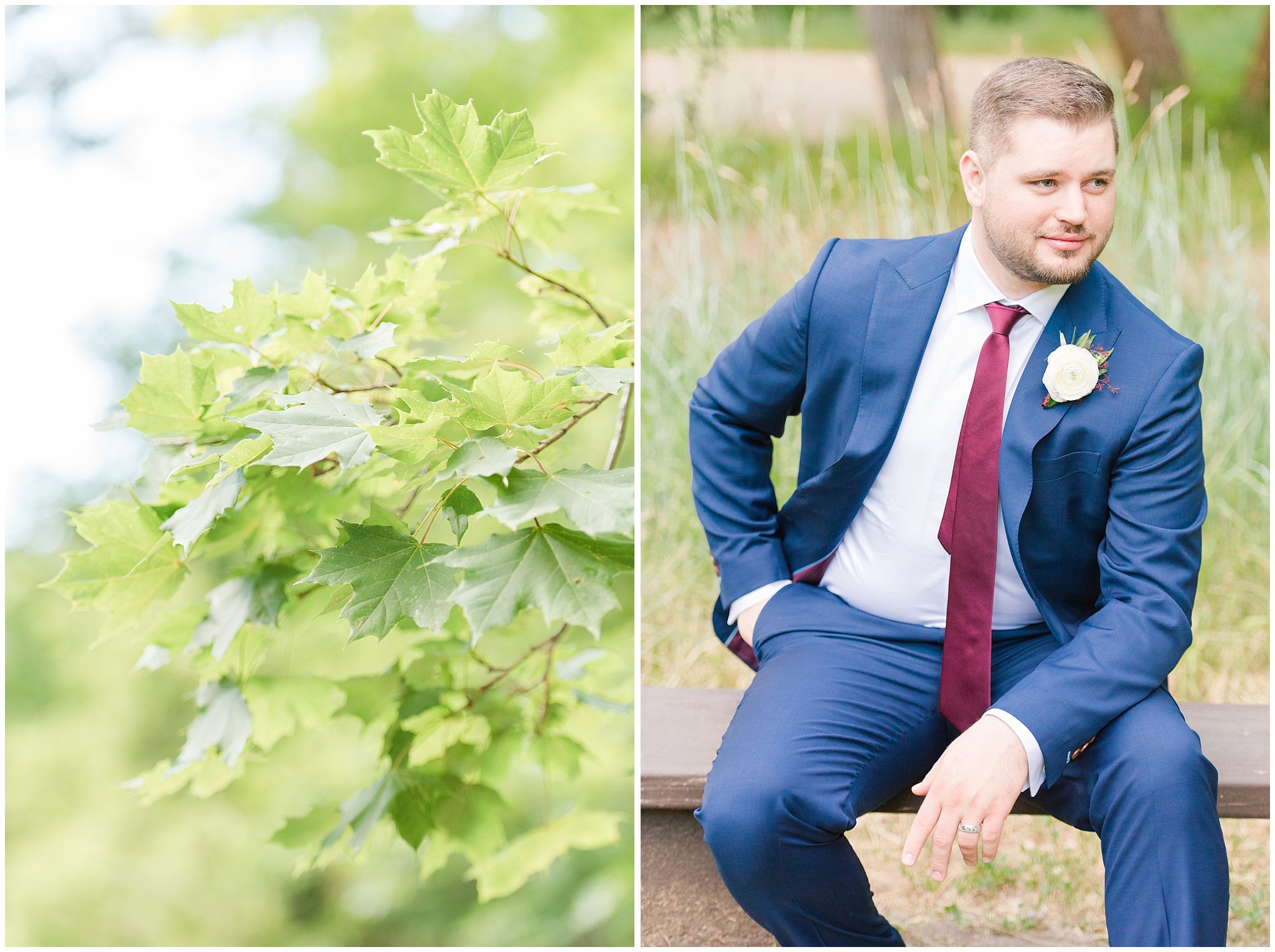 Groom portraits in navy suit with wine colored tie in the mountains | Navy, wine, and gold wedding colors | Bountiful Temple and Mueller Park Formal Session | Utah Wedding Photographers | Jessie and Dallin Photography