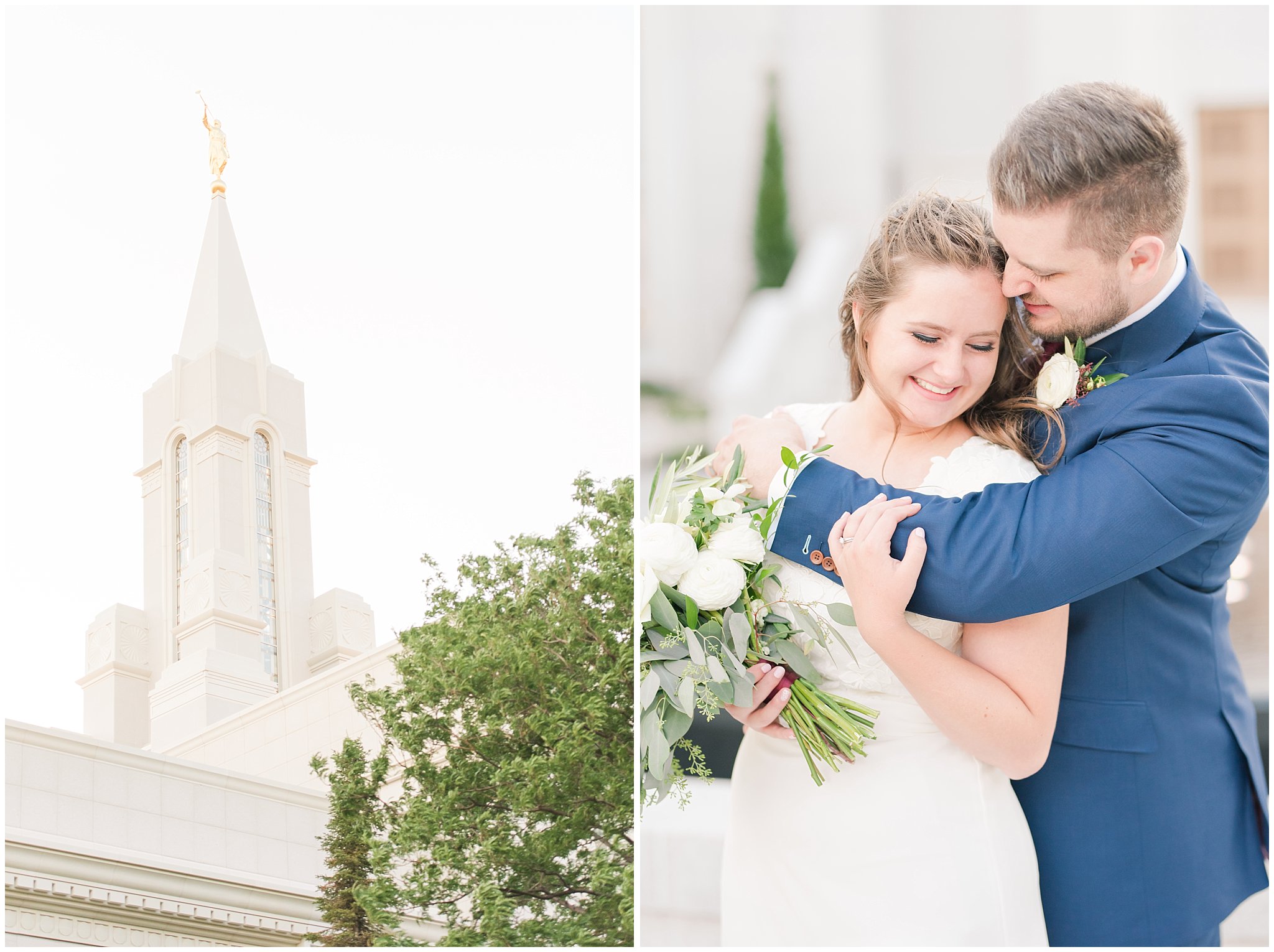 Elegant bride and groom portraits with white and blue anemone bouquet in the mountains and at the temple | Navy, wine, and gold wedding colors | Bountiful Temple and Mueller Park Formal Session | Utah Wedding Photographers | Jessie and Dallin Photography