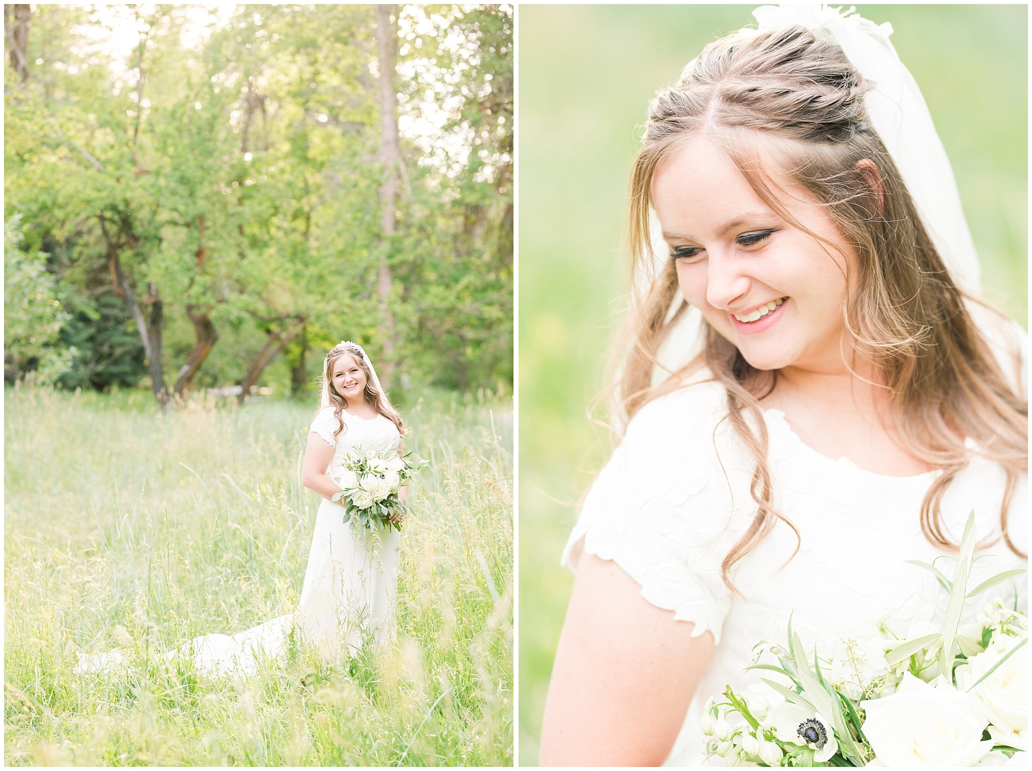 Elegant bridal portraits with white and blue anemone bouquet in the mountains | Navy, wine, and gold wedding colors | Bountiful Temple and Mueller Park Formal Session | Utah Wedding Photographers | Jessie and Dallin Photography