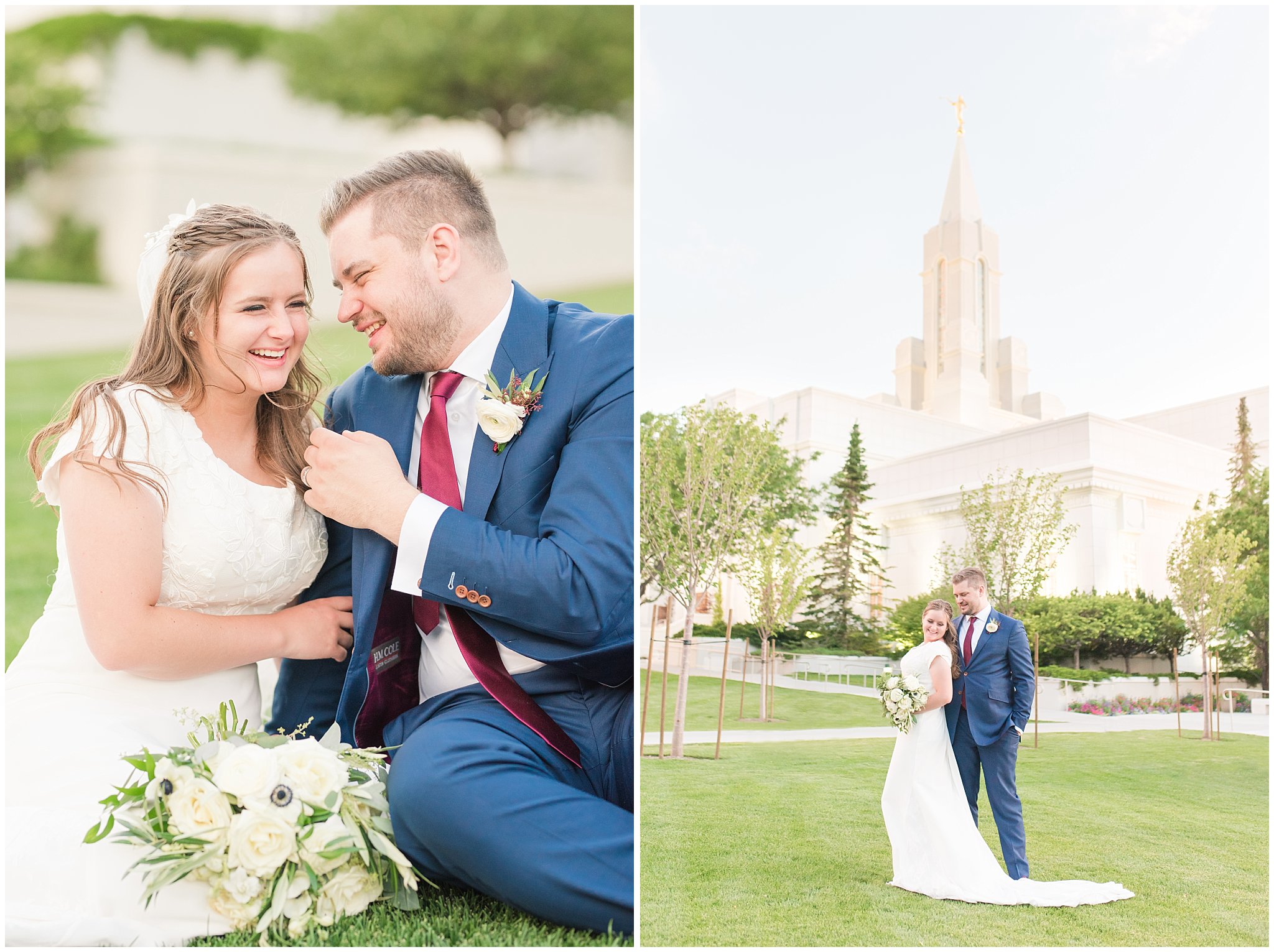 Elegant bride and groom portraits with white and blue anemone bouquet in the mountains and at the temple | Navy, wine, and gold wedding colors | Bountiful Temple and Mueller Park Formal Session | Utah Wedding Photographers | Jessie and Dallin Photography