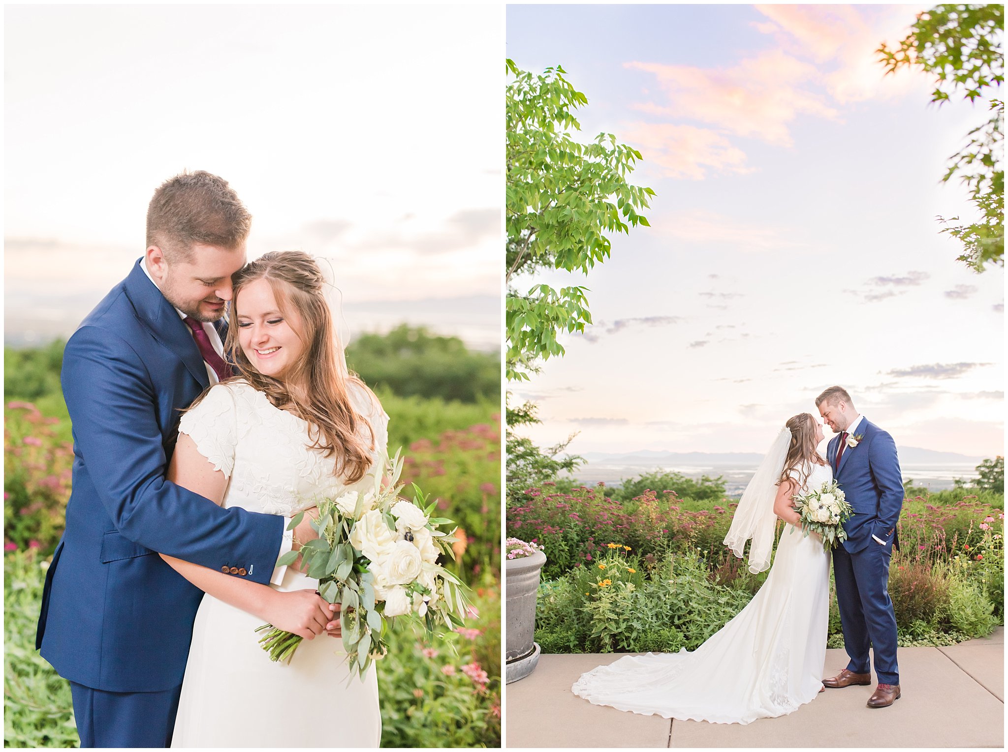Elegant bride and groom portraits with white and blue anemone bouquet at sunset at the temple | Navy, wine, and gold wedding colors | Bountiful Temple and Mueller Park Formal Session | Utah Wedding Photographers | Jessie and Dallin Photography