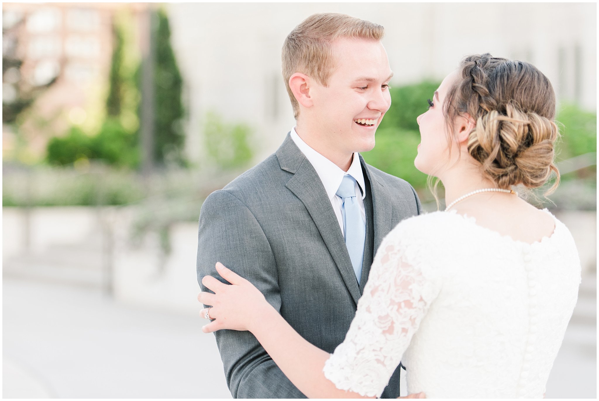 Bride and groom share first look | Ogden Temple Summer Formal Session | Ogden Temple Wedding | Jessie and Dallin Photography