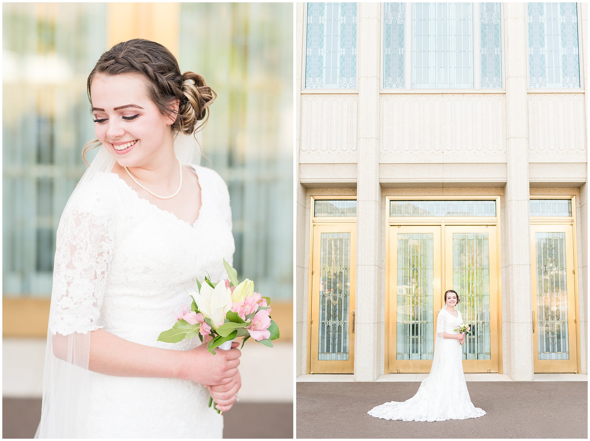 Bridal portraits with bride in elegant lace dress and veil | Ogden Temple Summer Formal Session | Ogden Temple Wedding | Jessie and Dallin Photography