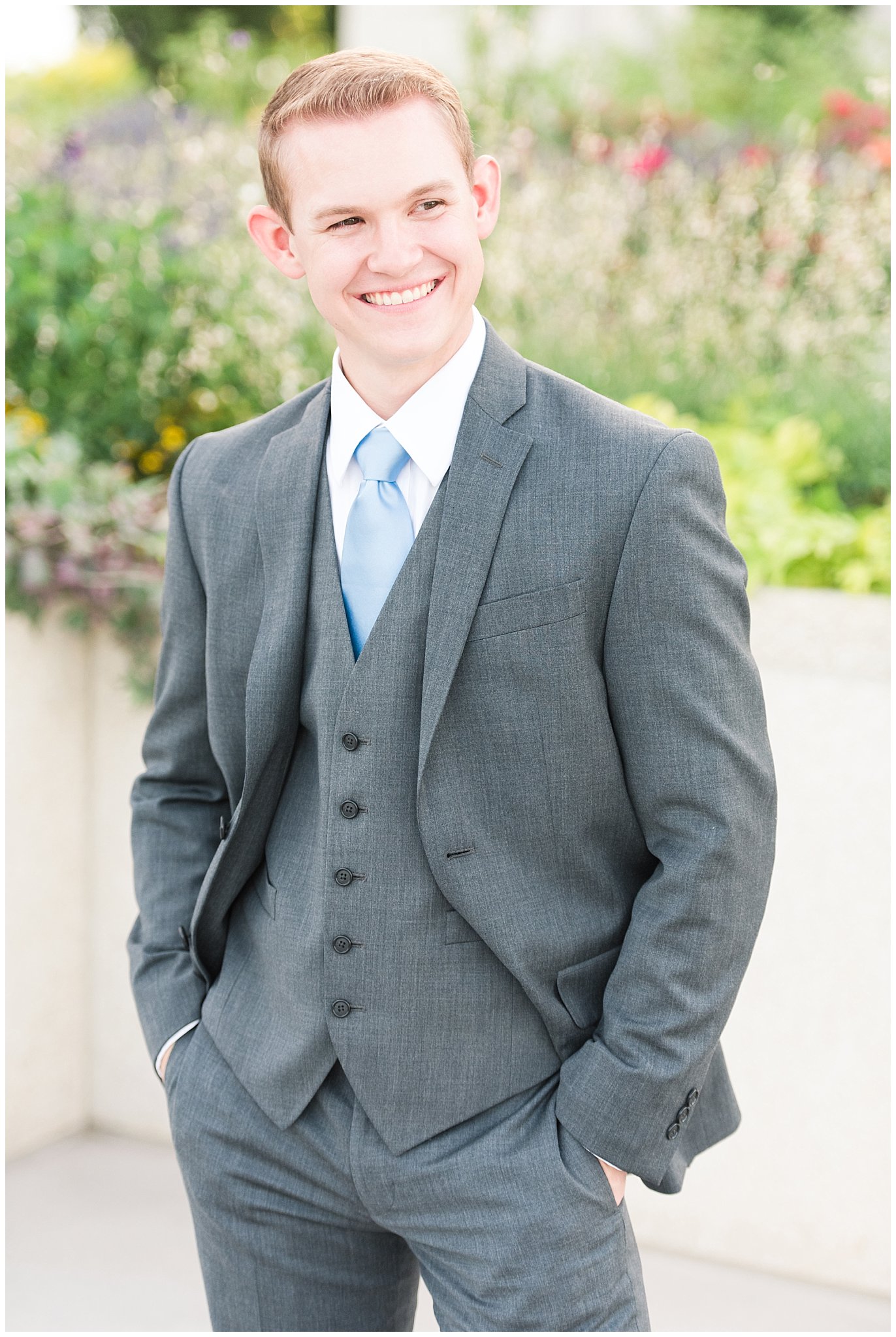 Groom portraits with groom in grey suit and light blue tie | Ogden Temple Summer Formal Session | Ogden Temple Wedding | Jessie and Dallin Photography
