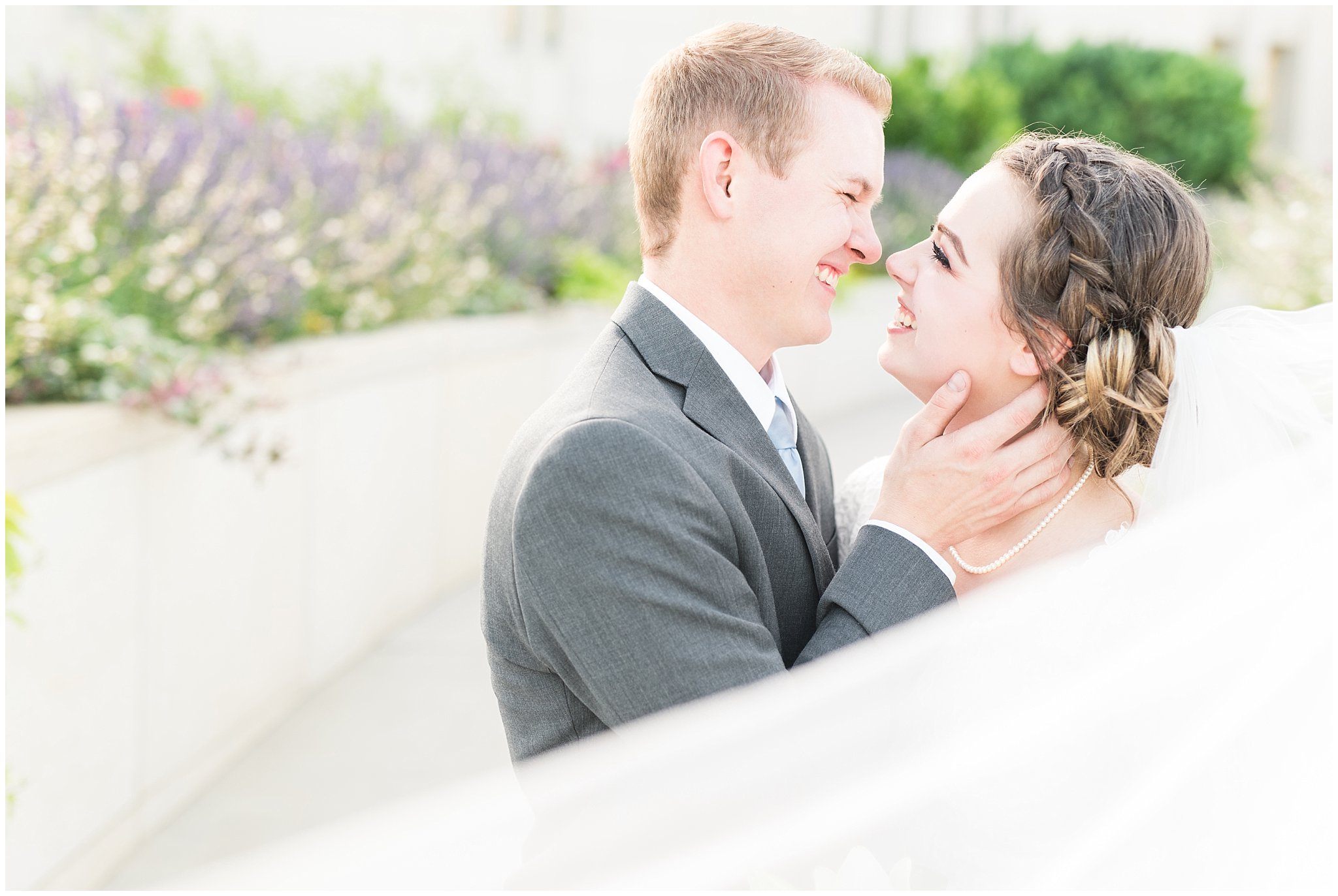 Bride and groom portraits with bride in elegant lace dress and veil, groom in grey suit and light blue tie | Ogden Temple Summer Formal Session | Ogden Temple Wedding | Jessie and Dallin Photography