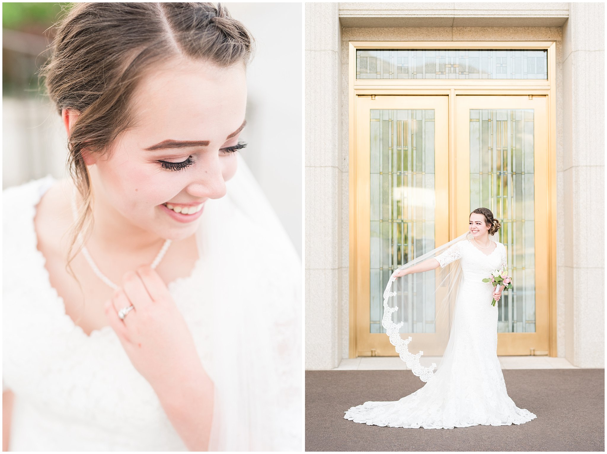 Bridal portraits with bride in elegant lace dress and veil | Ogden Temple Summer Formal Session | Ogden Temple Wedding | Jessie and Dallin Photography
