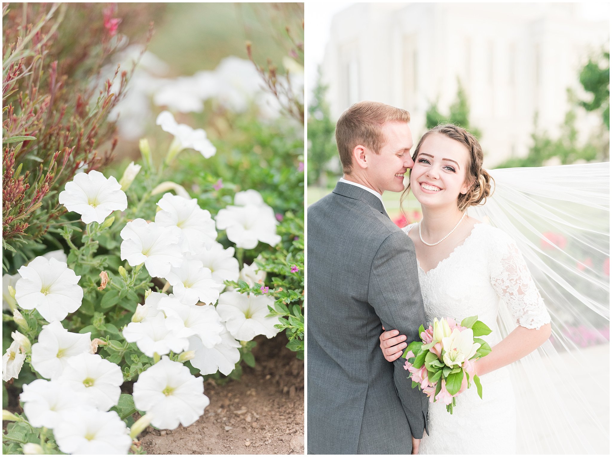 Bride and groom portraits with bride in elegant lace dress and veil, groom in grey suit and light blue tie | Ogden Temple Summer Formal Session | Ogden Temple Wedding | Jessie and Dallin Photography