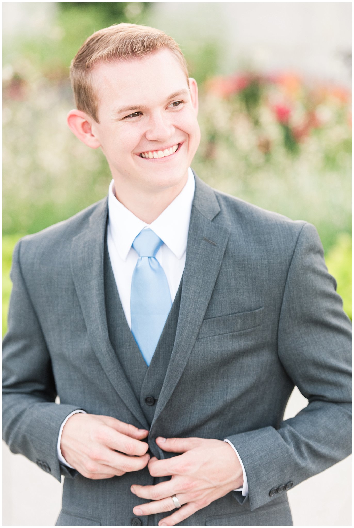 Groom portraits with groom in grey suit and light blue tie | Ogden Temple Summer Formal Session | Ogden Temple Wedding | Jessie and Dallin Photography