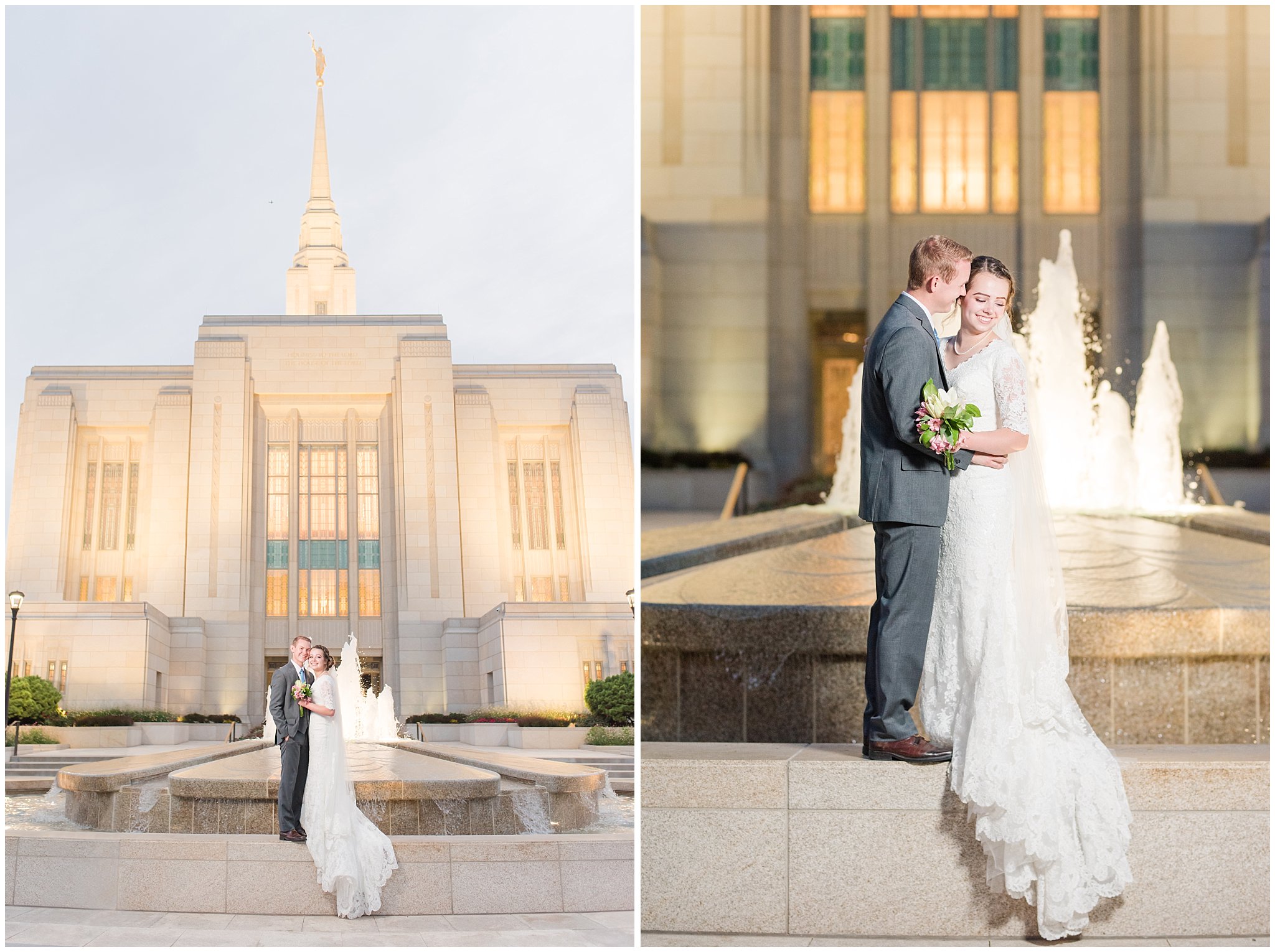 Bride and groom portraits at sunset at the Ogden Temple | Bride in elegant lace dress and veil, groom in grey suit and light blue tie | Ogden Temple Summer Formal Session | Ogden Temple Wedding | Jessie and Dallin Photography