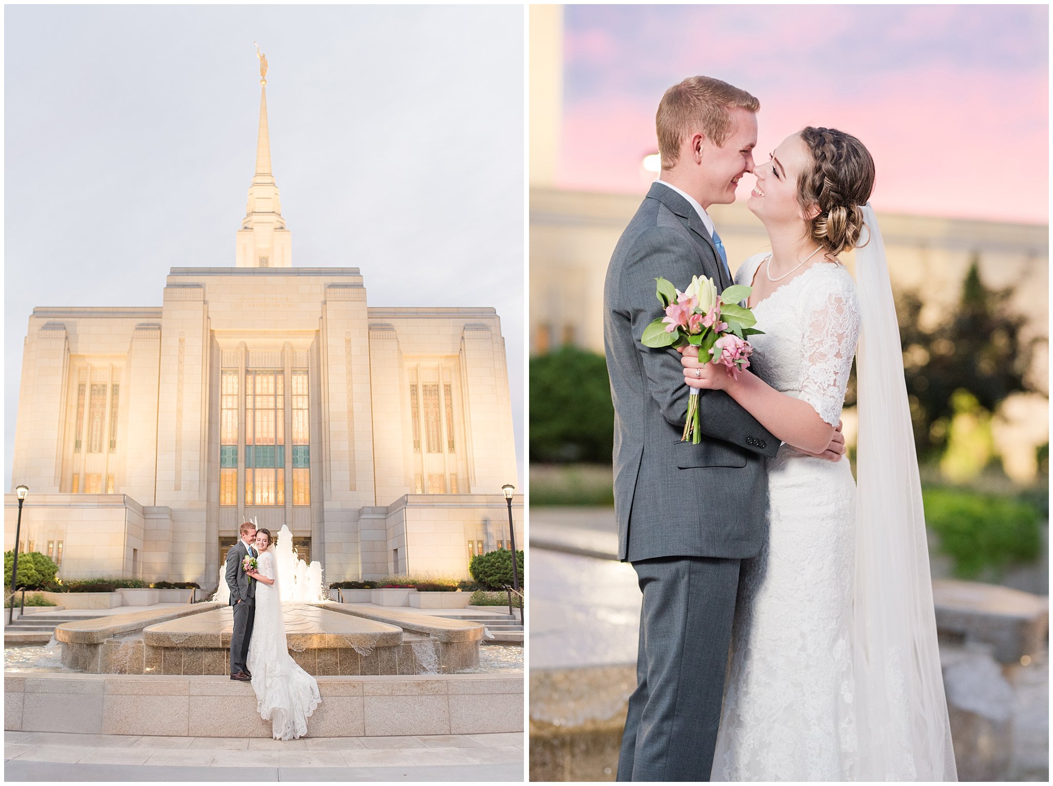 Bride and groom portraits at sunset at the Ogden Temple | Bride in elegant lace dress and veil, groom in grey suit and light blue tie | Ogden Temple Summer Formal Session | Ogden Temple Wedding | Jessie and Dallin Photography